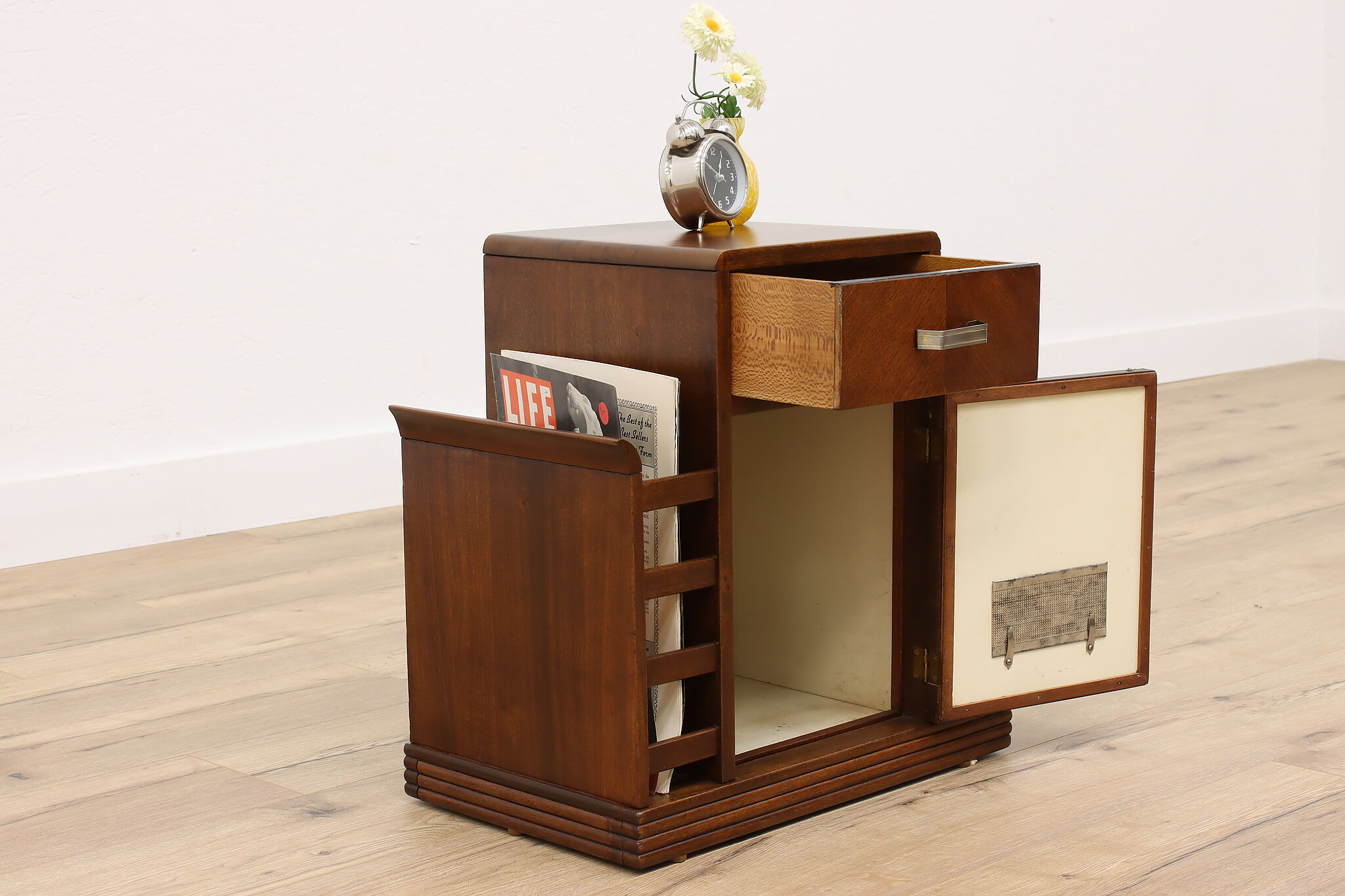 Art Deco Vintage Walnut Chairside Table Humidor & Magazine Rack