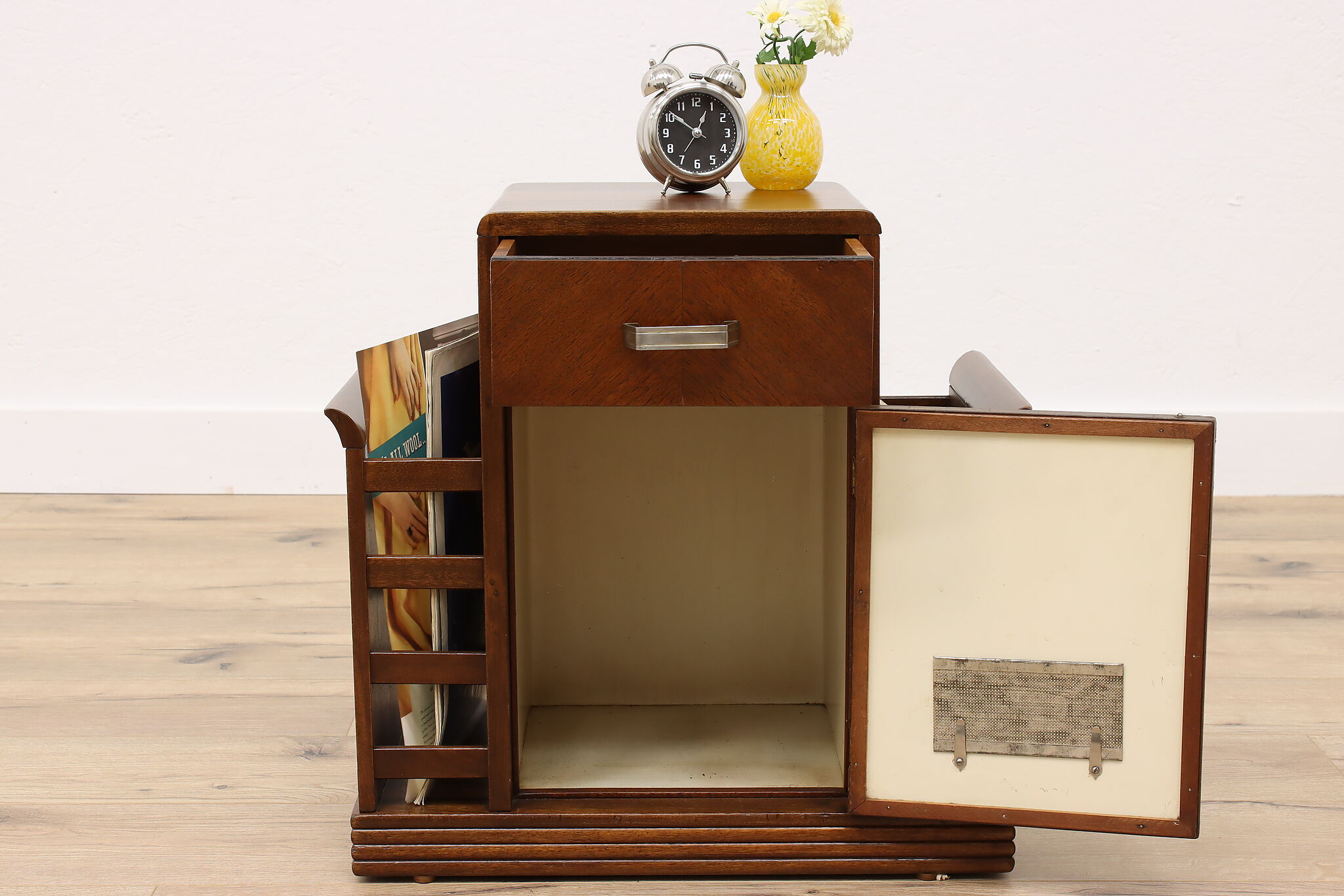 Art Deco Vintage Walnut Chairside Table Humidor & Magazine Rack
