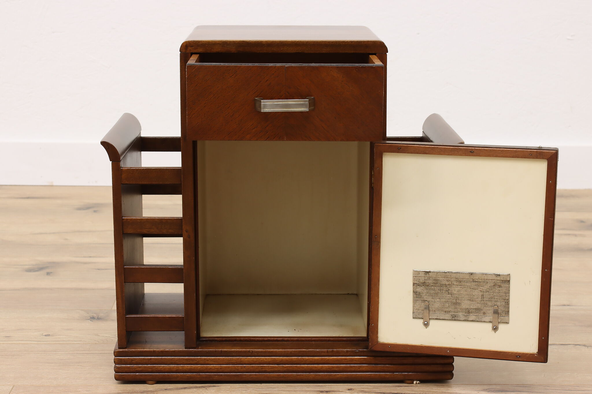 Art Deco Vintage Walnut Chairside Table Humidor & Magazine Rack