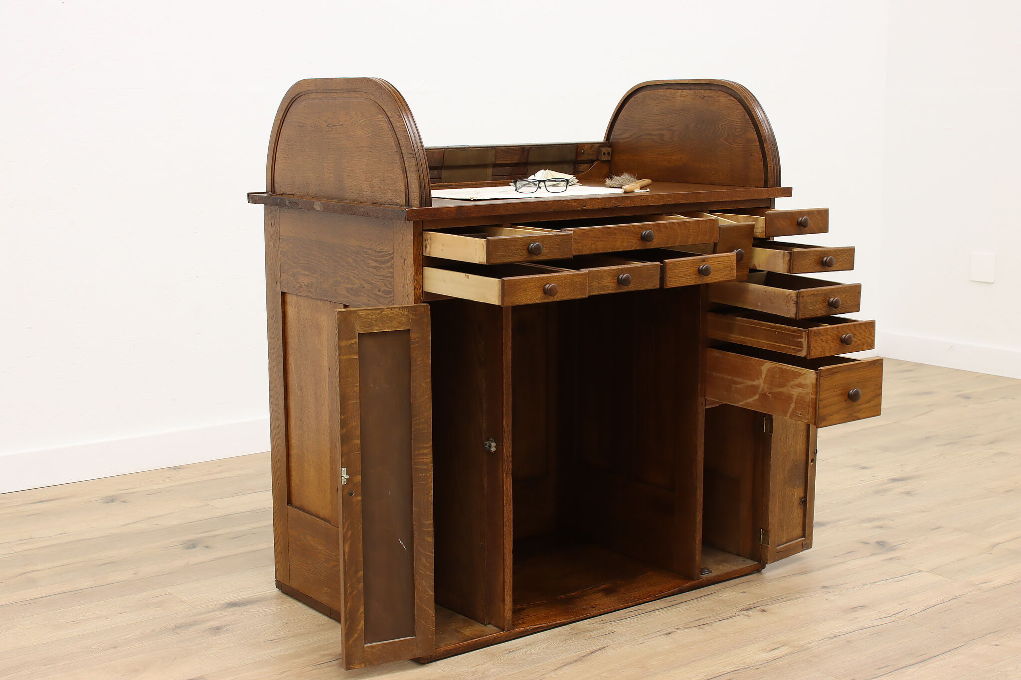 Farmhouse Oak Antique Victorian Roll Top Watchmaker Desk or Work Bench