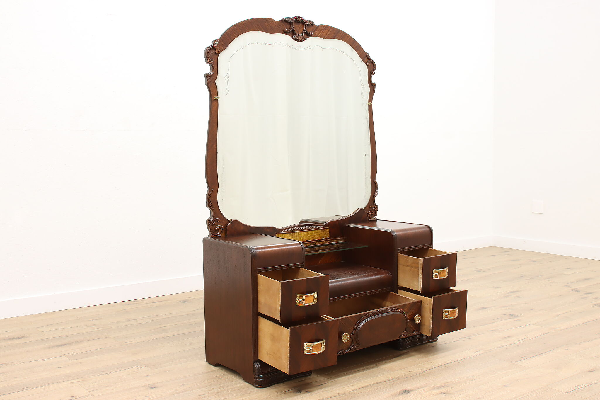 Art Deco Waterfall Vanity Makeup Table With Mirror Shell Bakelite Handles