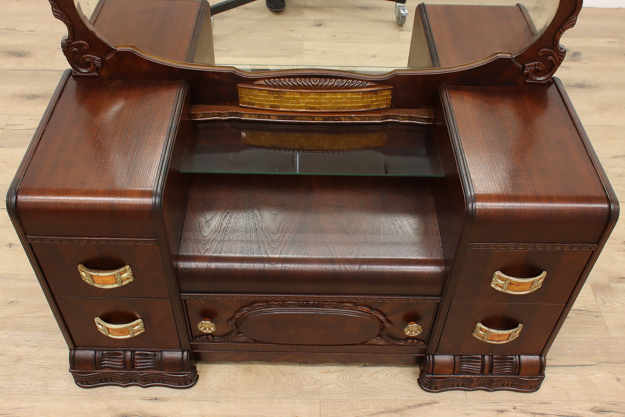 Art Deco Waterfall Vanity Makeup Table With Mirror Shell Bakelite Handles