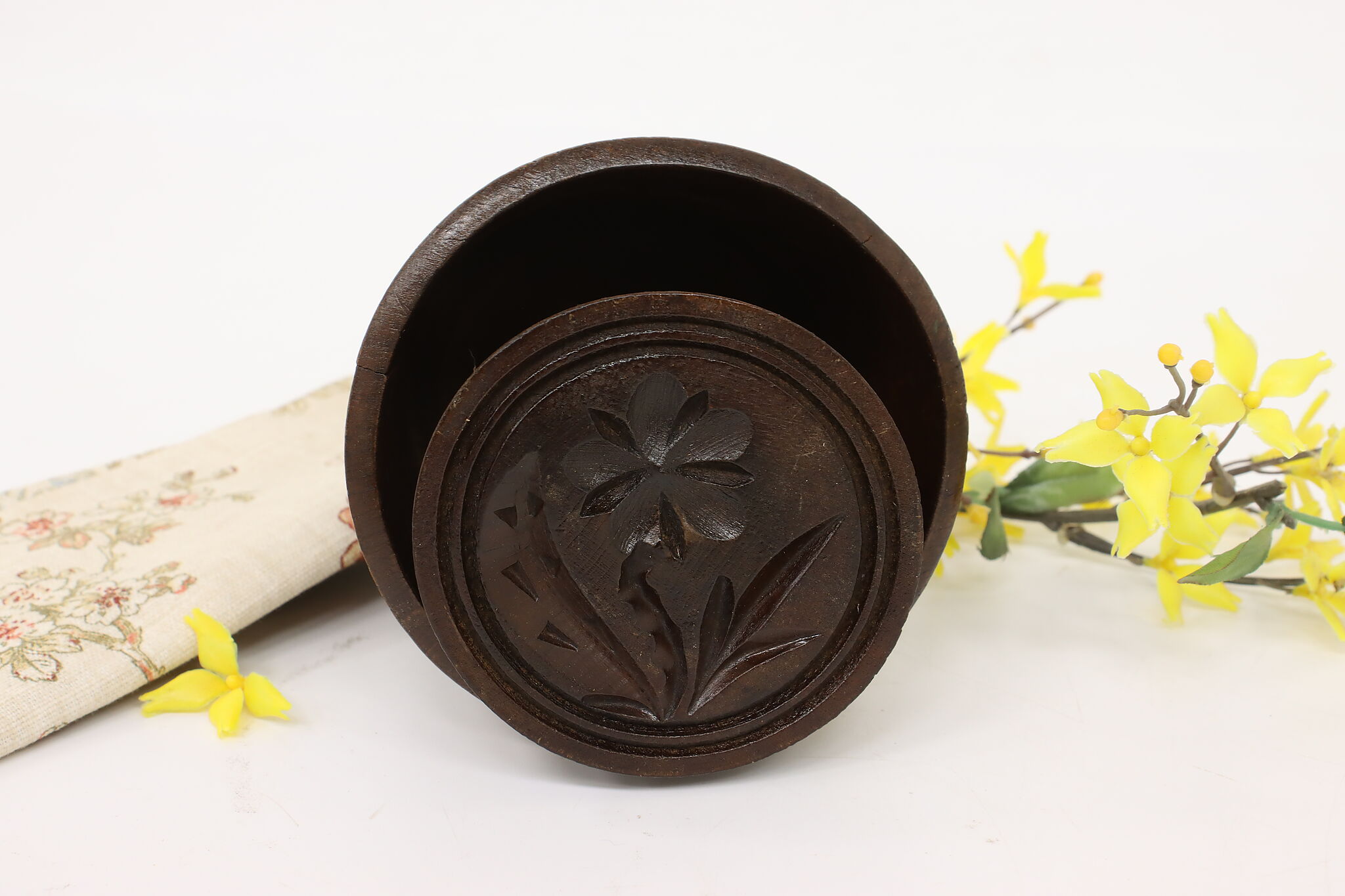 Antique Small Primitive Wood Butter Mold or Press with Wheat Leaf Motif