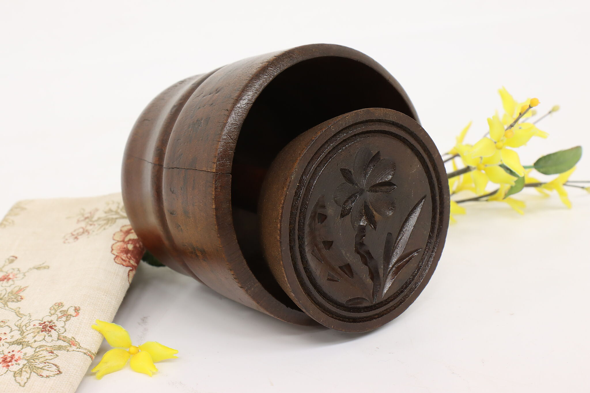 Farmhouse Antique Carved Birch Butter Mold, Flower Design #43514