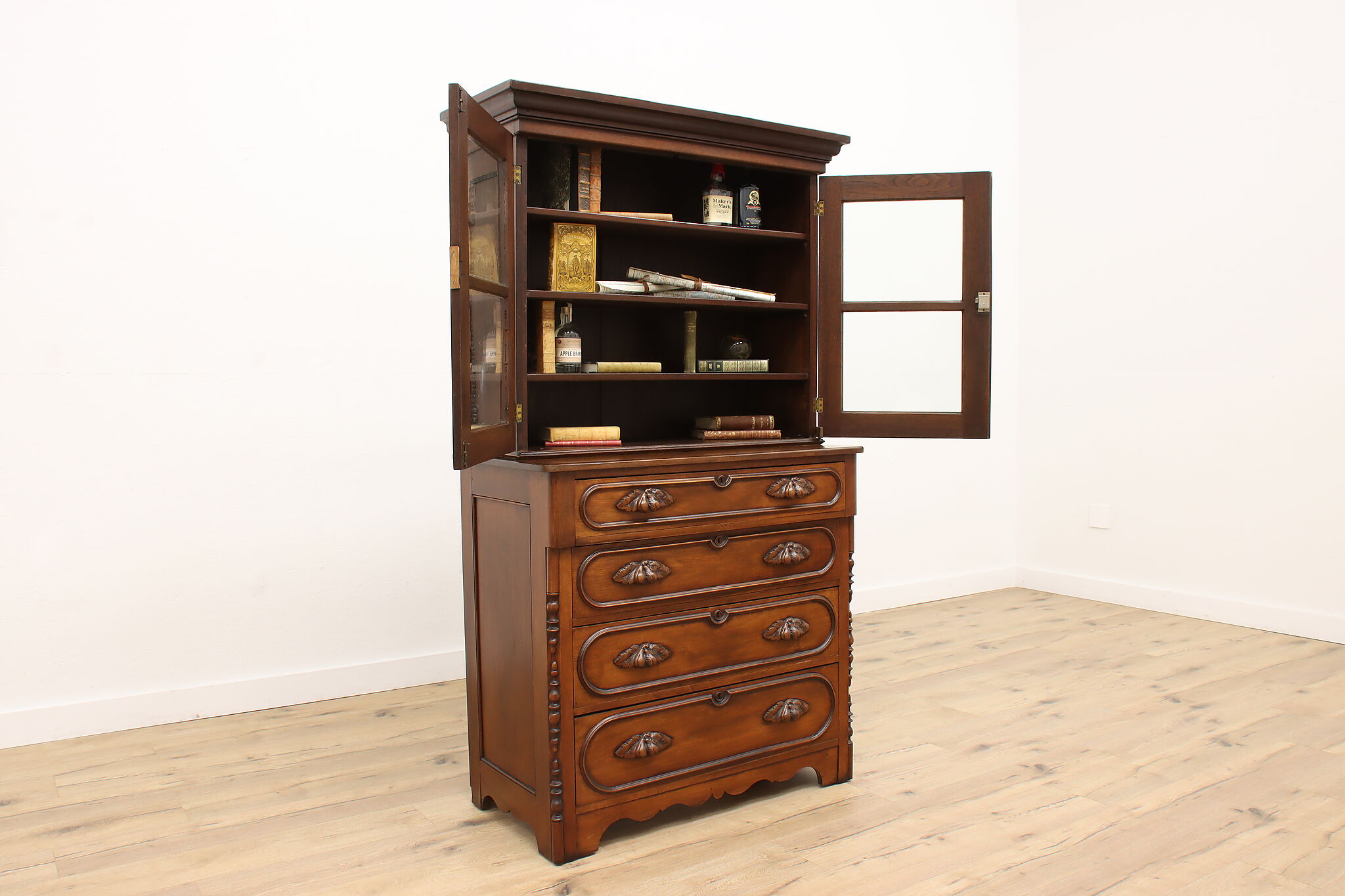 Victorian Antique Carved Walnut Cupboard Or Bookcase Wavy Glass victorian-antique-carved-walnut-cupboard-or-bookcase-wavy-glass