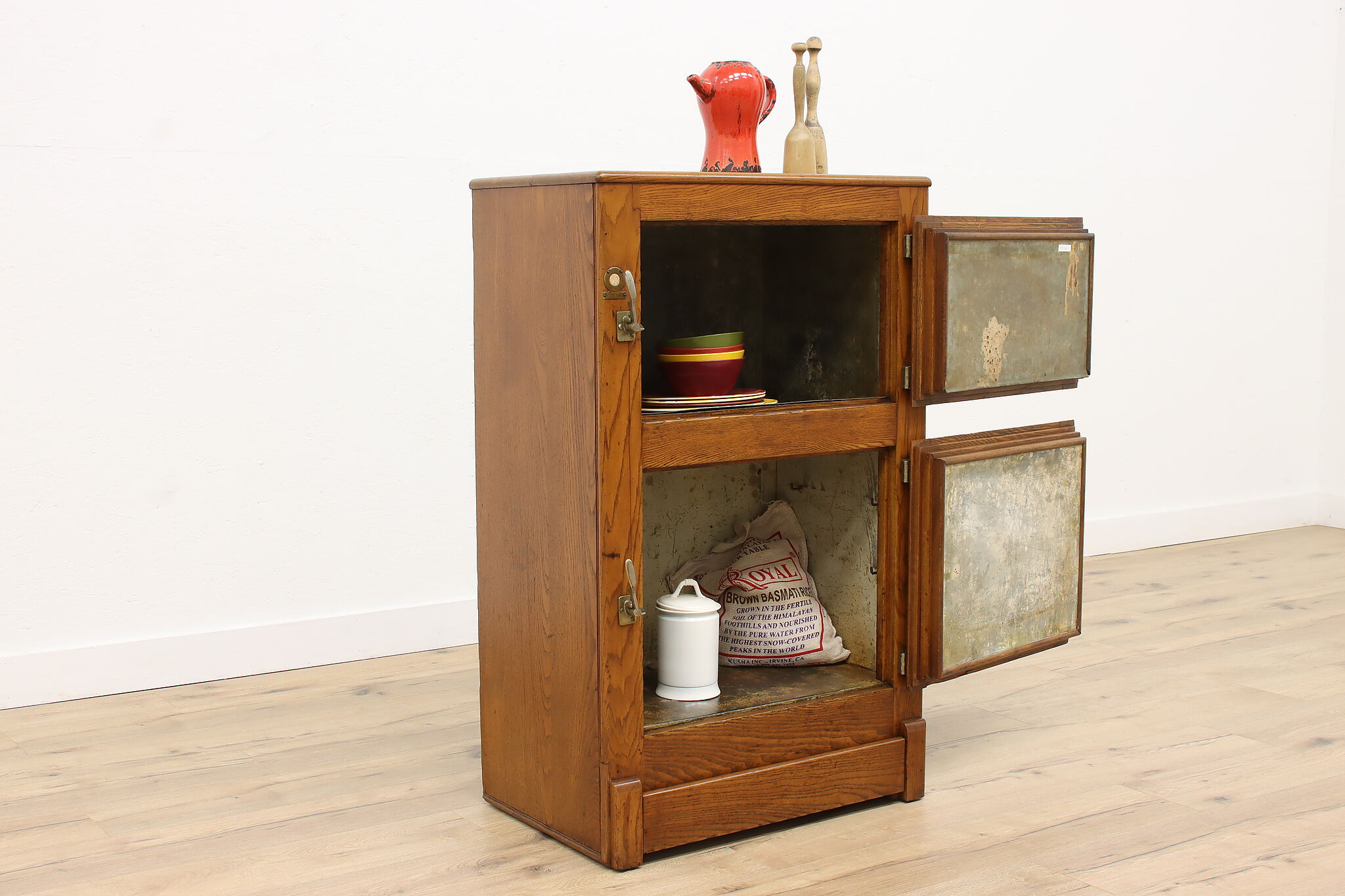 Farmhouse Antique Ice Box Refrigerator, Kitchen Pantry Cupboard