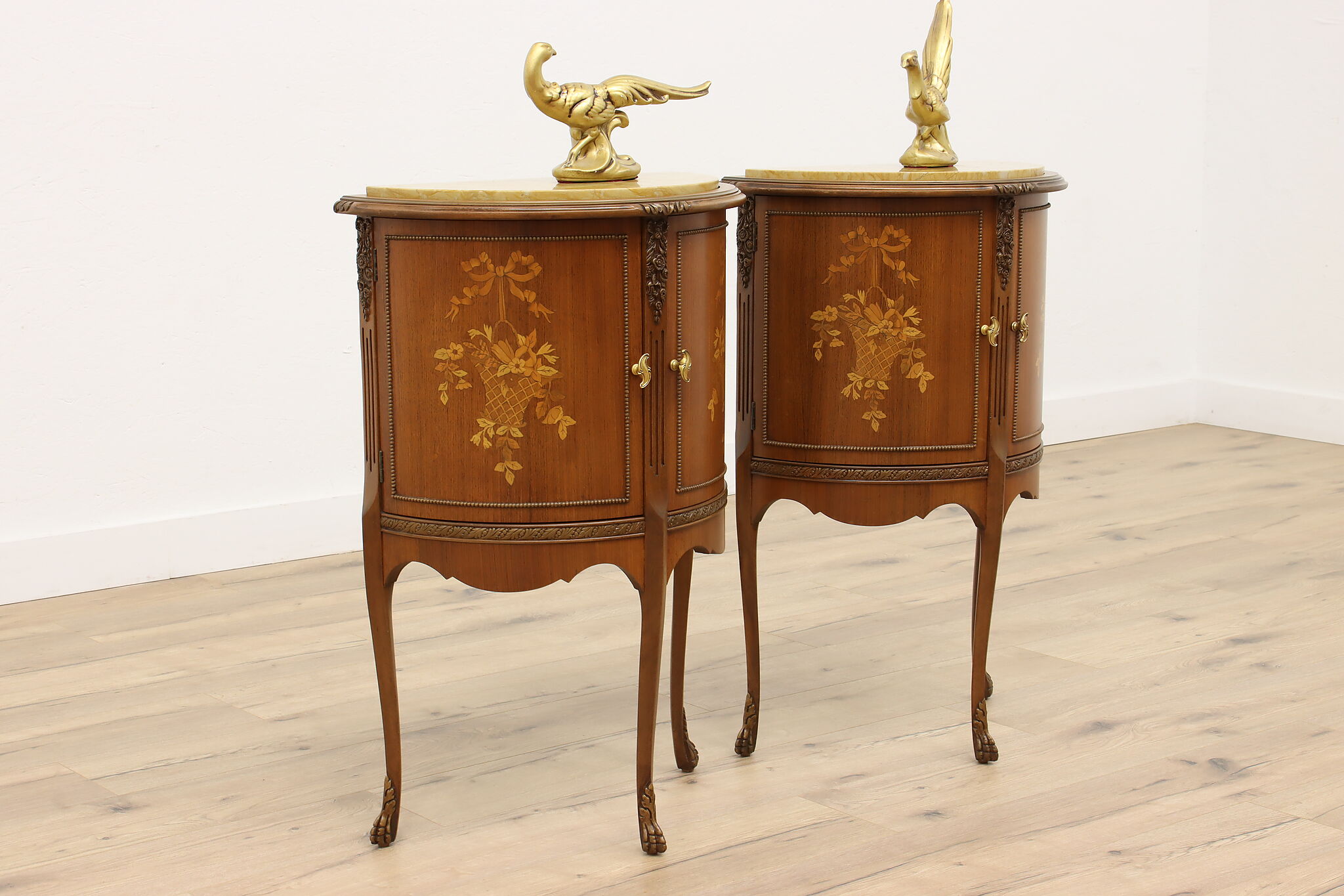 Nightstand (Bedside) half round style Louis XVI marquetry with flowers  patterns and bronze