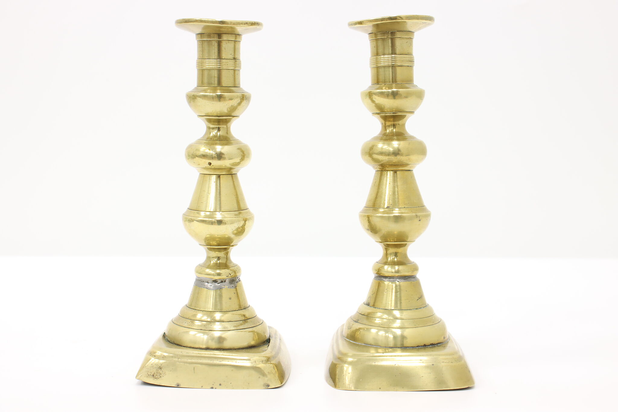 Pair of Victorian Farmhouse Antique English 1850s Brass Candlesticks