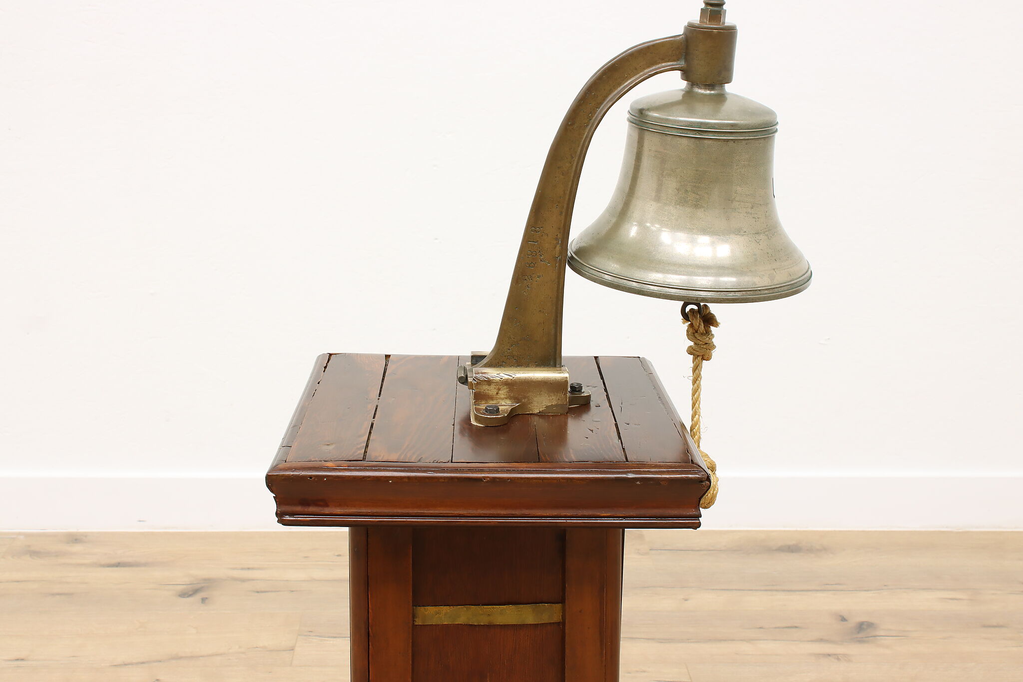 Vintage Nautical US Navy 9 3/4 Bronze Bell, Pine and Brass Pedestal #44158