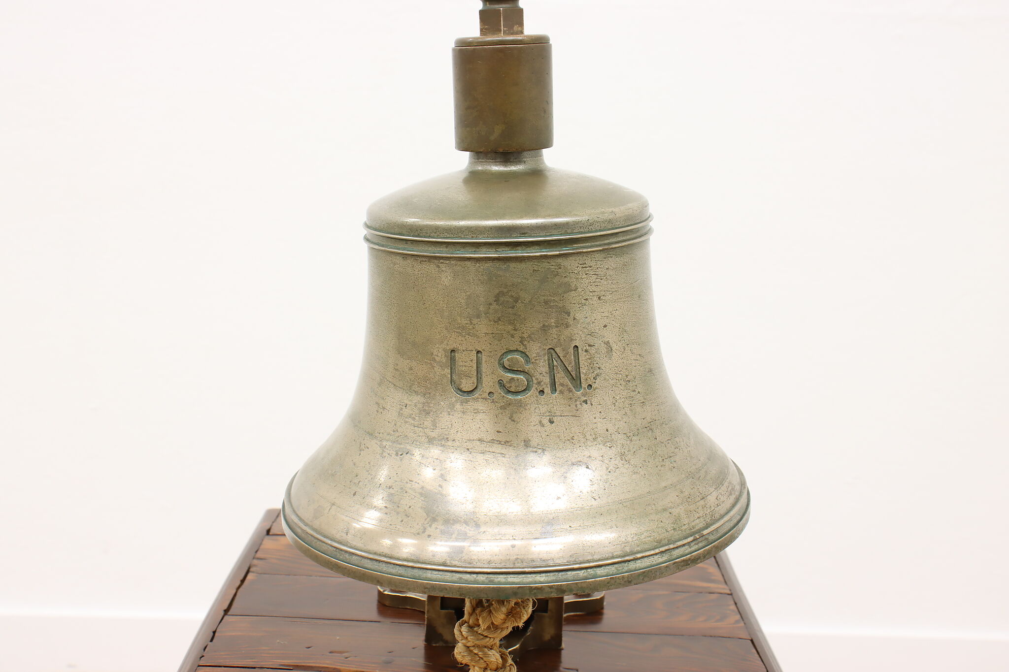 Vintage Nautical US Navy 9 3/4 Bronze Bell, Pine and Brass Pedestal