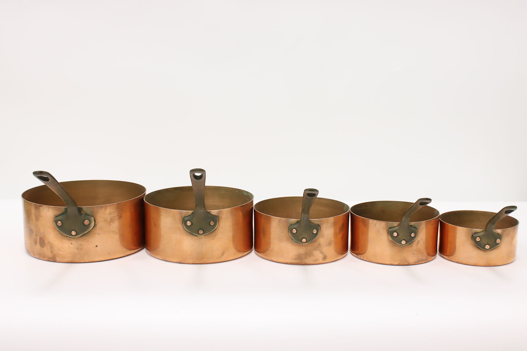 Set of 5 Farmhouse Antique French Copper Sauce Pans or Pots Brass