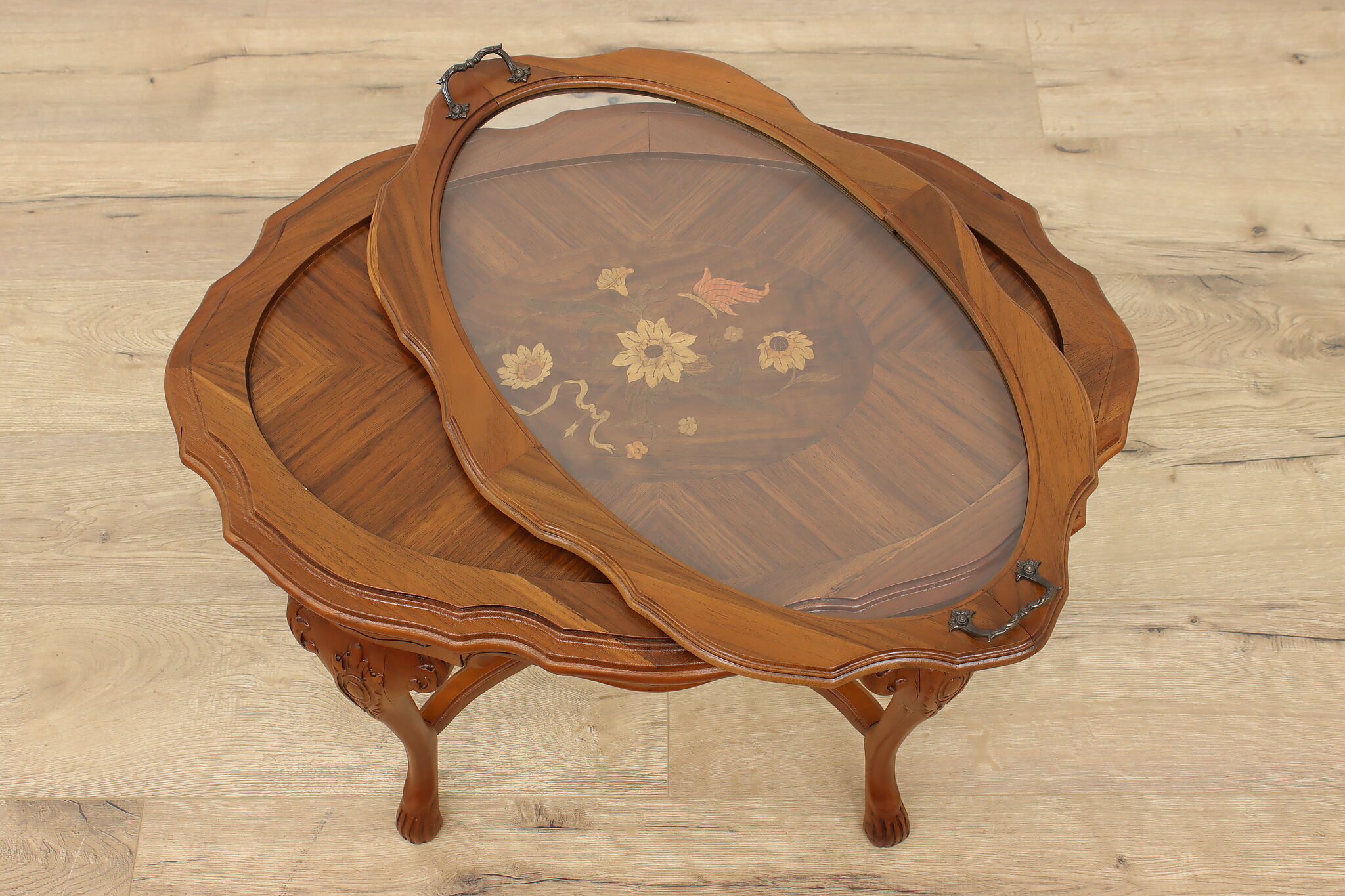 French Vintage Walnut Marquetry Coffee Table Serving Tray french-vintage-walnut-marquetry-coffee-table-serving-tray