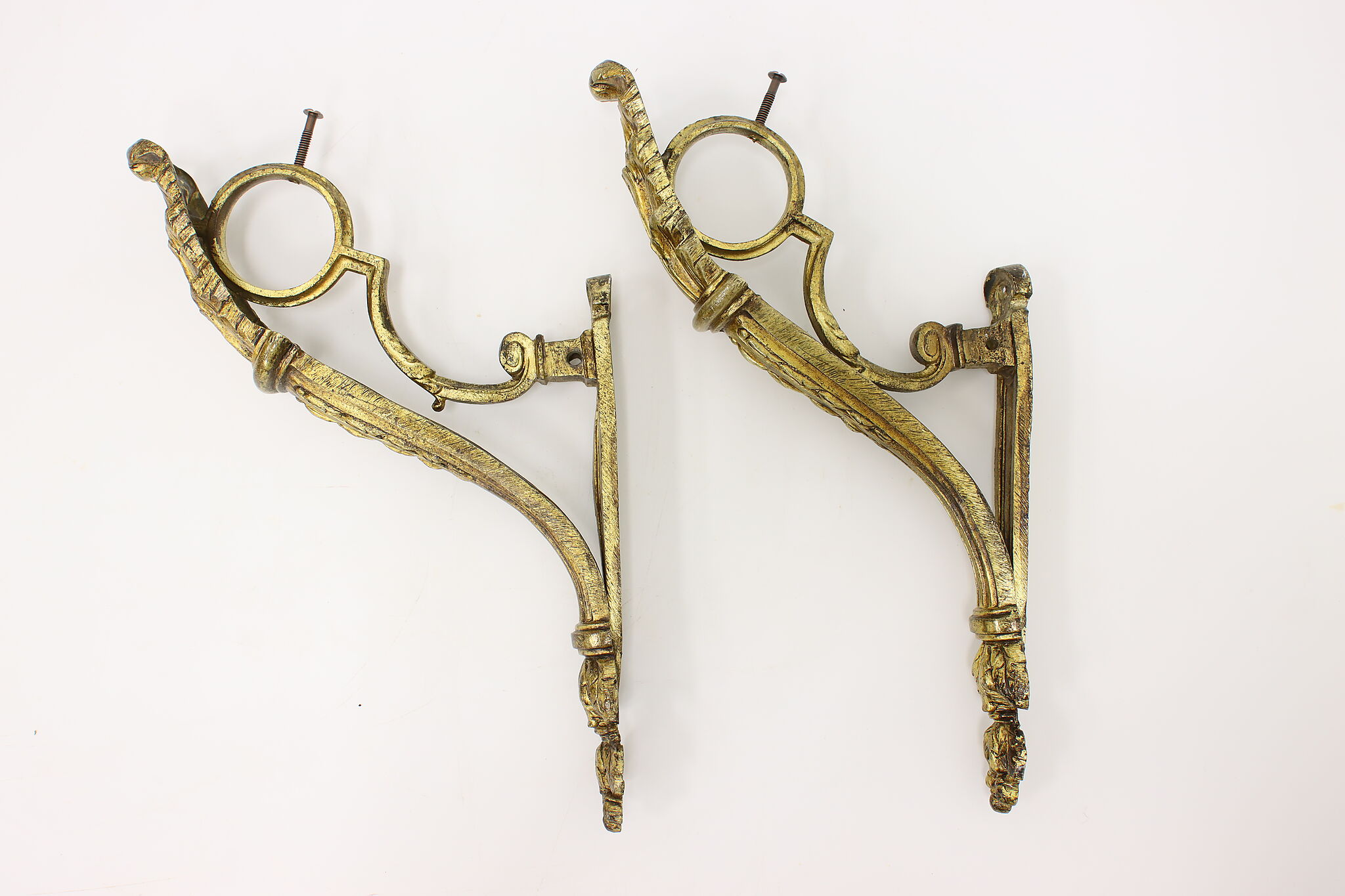 antique ornate Victorian gold gilded bronze curtain rod holder tiebacks  brackets