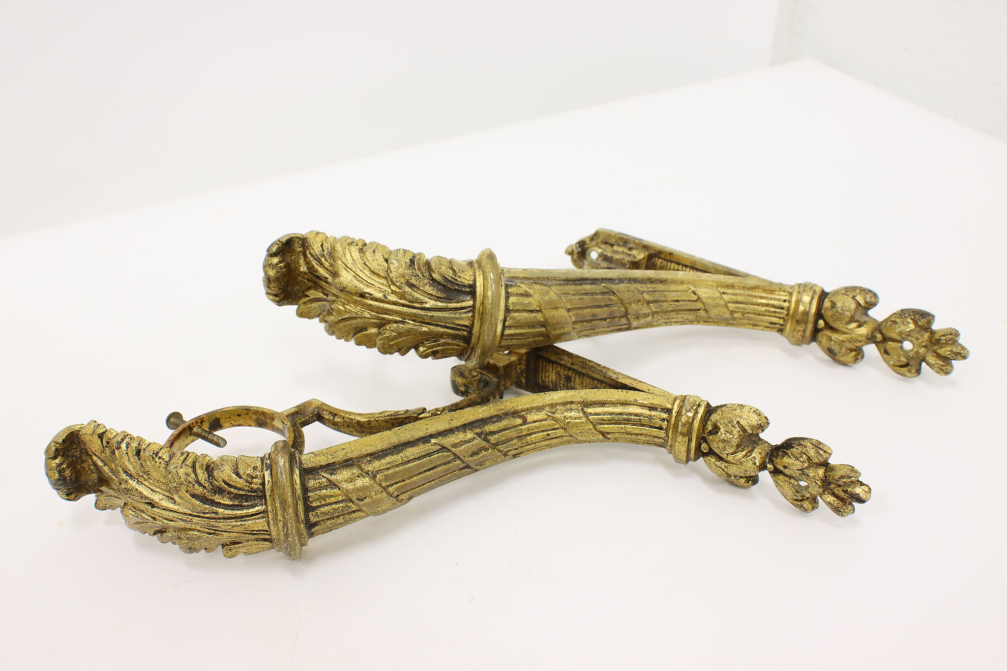antique ornate Victorian gold gilded bronze curtain rod holder tiebacks  brackets