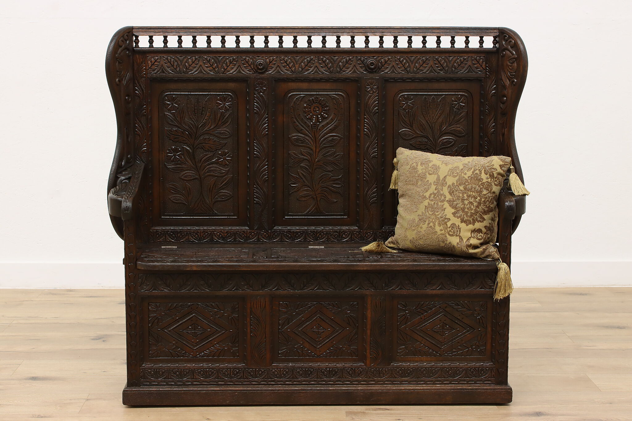 Hand Carved Oak Antique Dutch Hall Bench, Storage Under Seat
