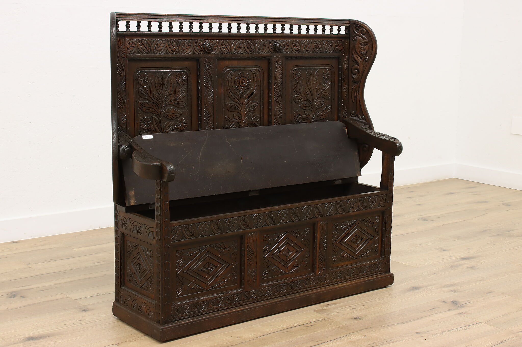 Hand Carved Oak Antique Dutch Hall Bench, Storage Under Seat