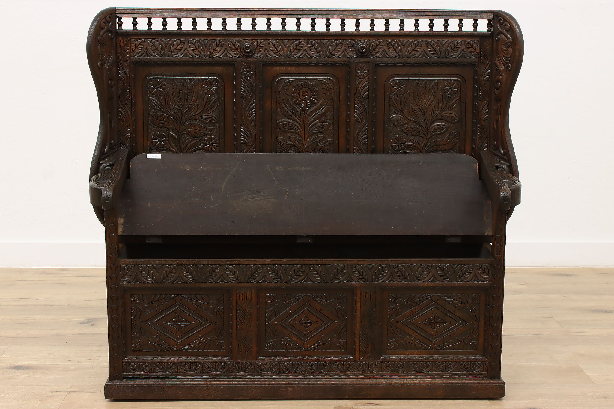 Hand Carved Oak Antique Dutch Hall Bench, Storage Under Seat