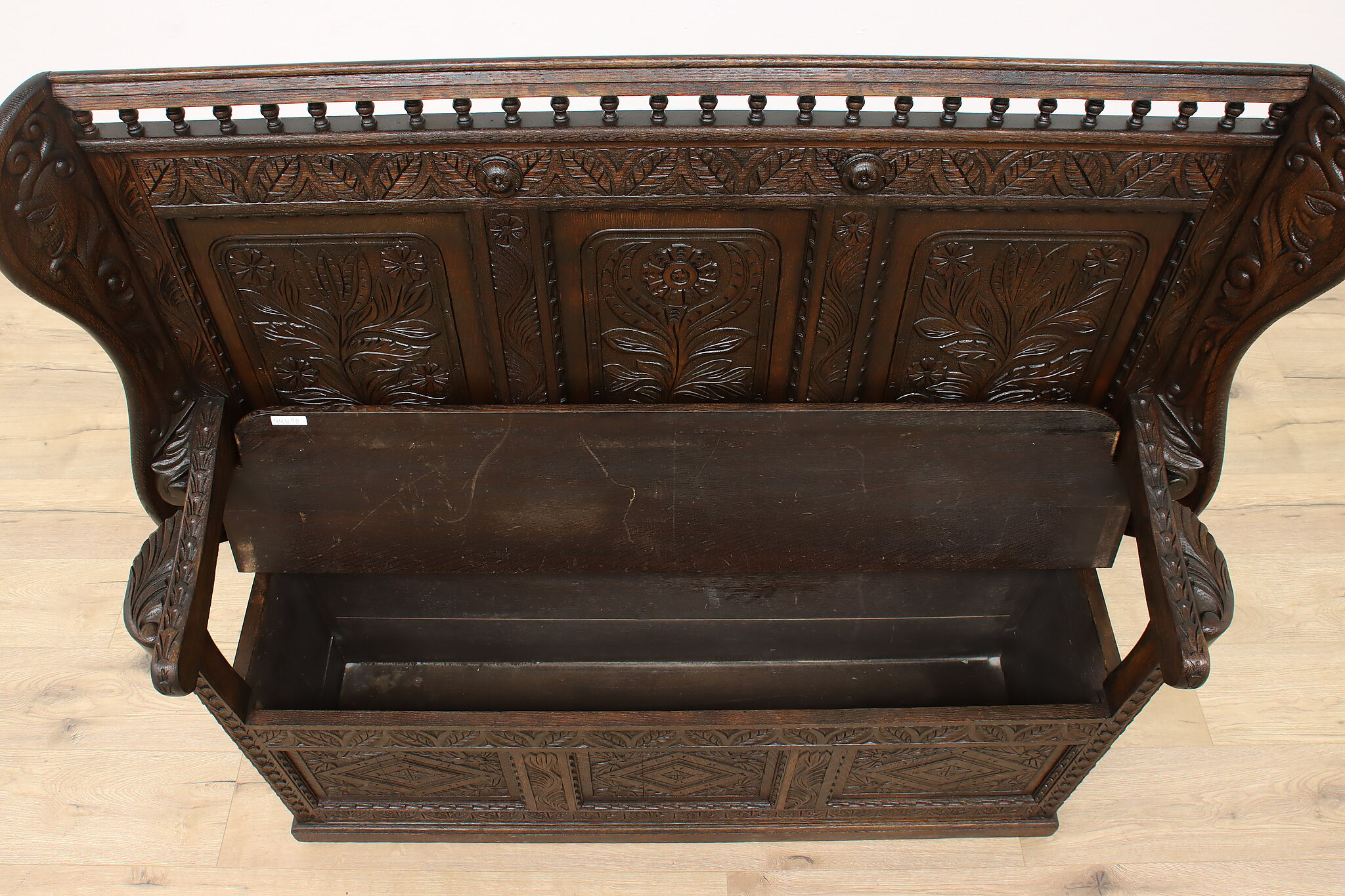 Hand Carved Oak Antique Dutch Hall Bench, Storage Under Seat