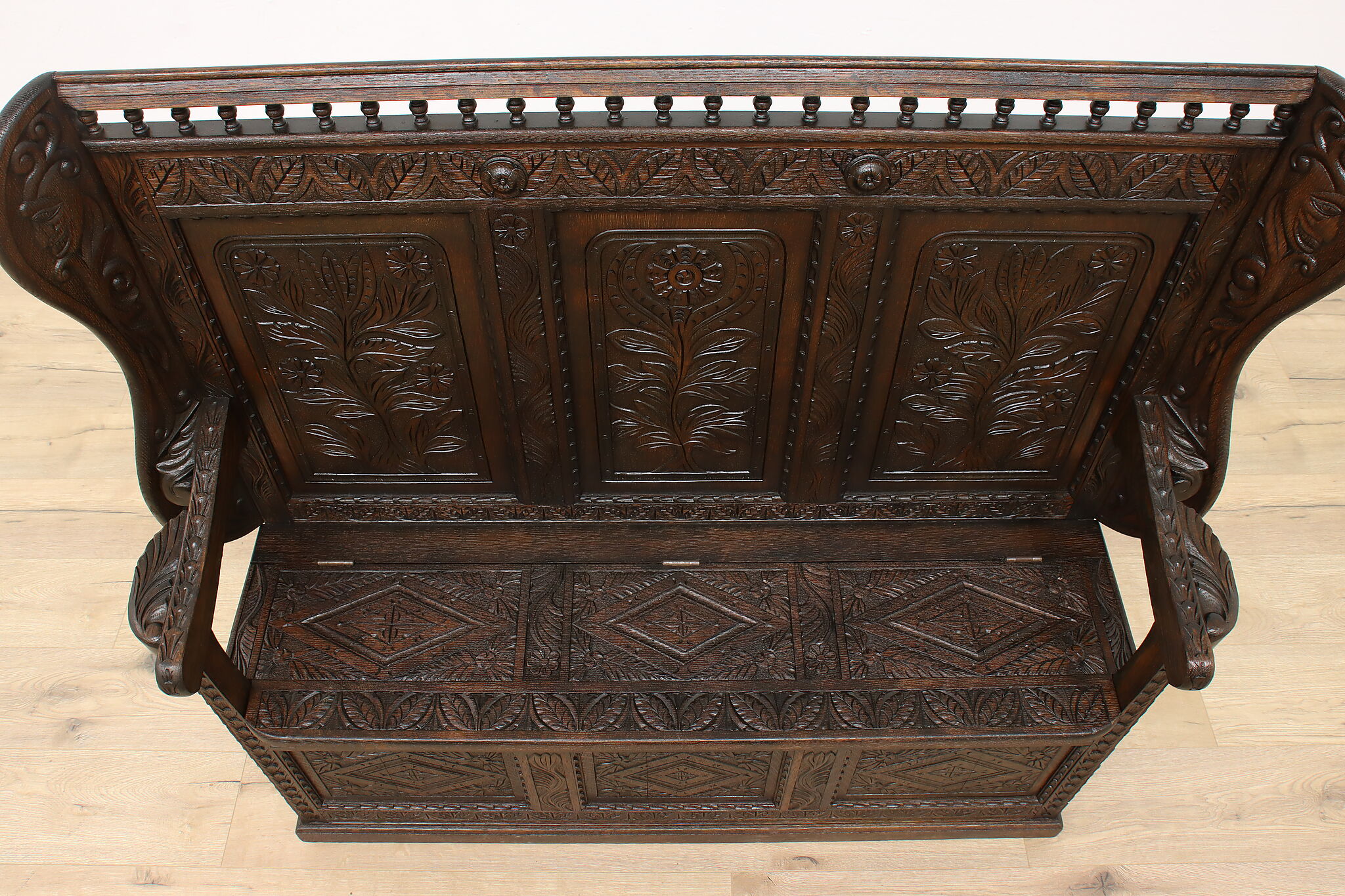 Hand Carved Oak Antique Dutch Hall Bench, Storage Under Seat