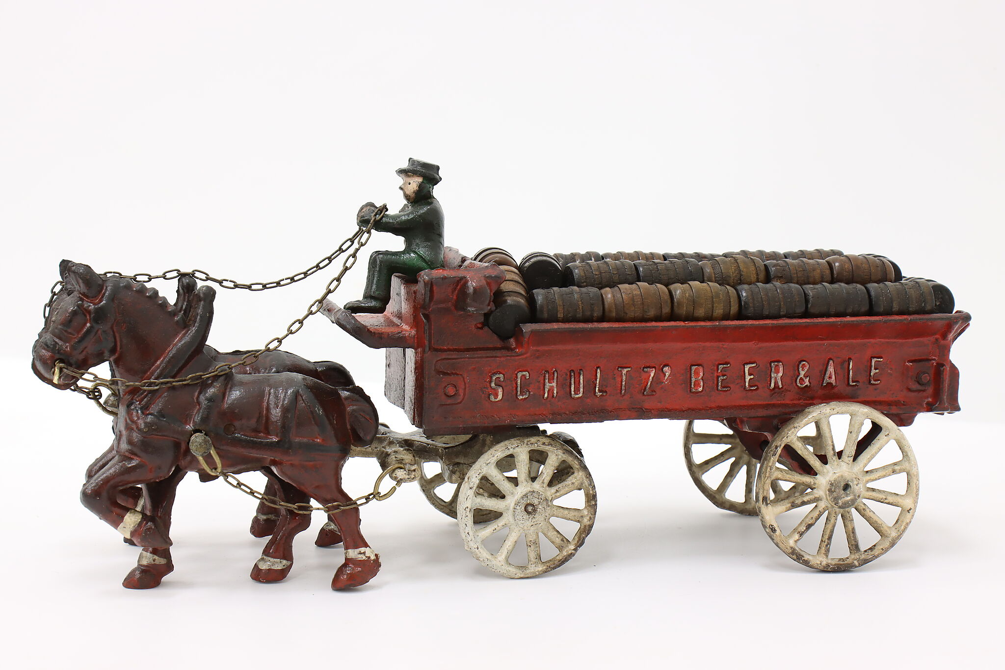 Cast Iron Painted Vintage Schultz Beer & Ale Wagon, Horses & Barrels
