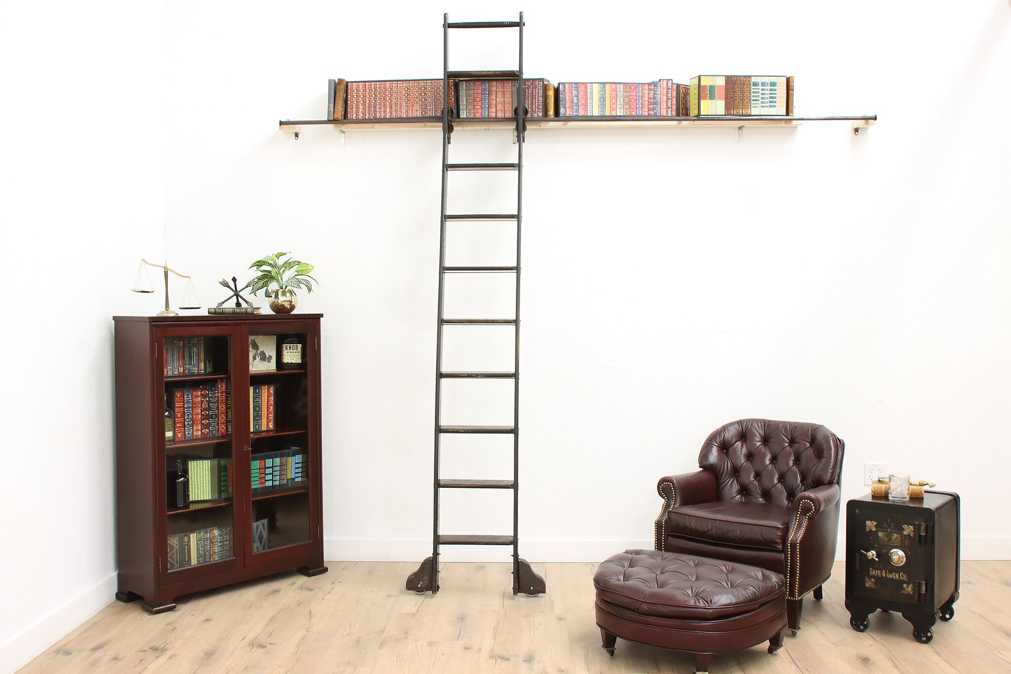 Oak Salvage Vintage Rolling Library Ladder & Track, Putnam