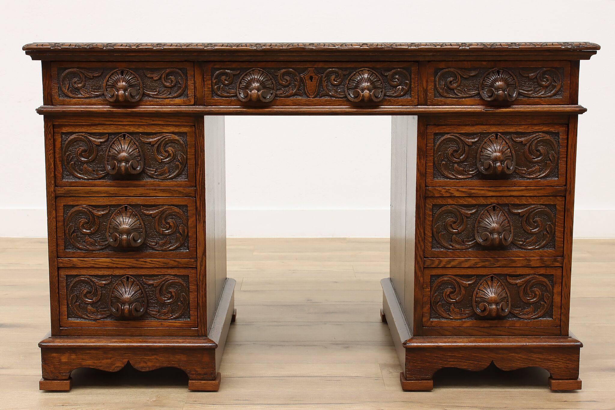 Library Pulls Victorian Oak Antique Office Library Desk, Carved Pulls