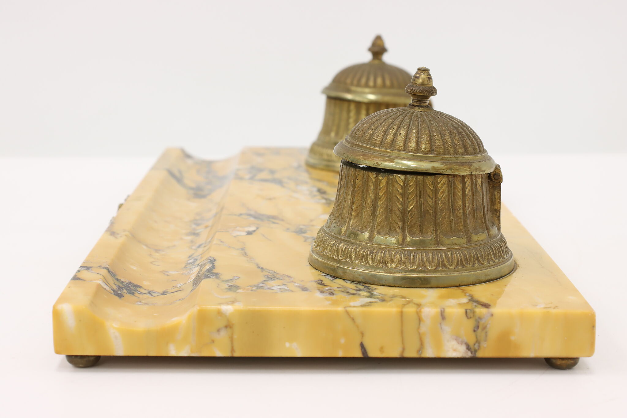Marble & Bronze German Antique Desk Double Inkwell Set
