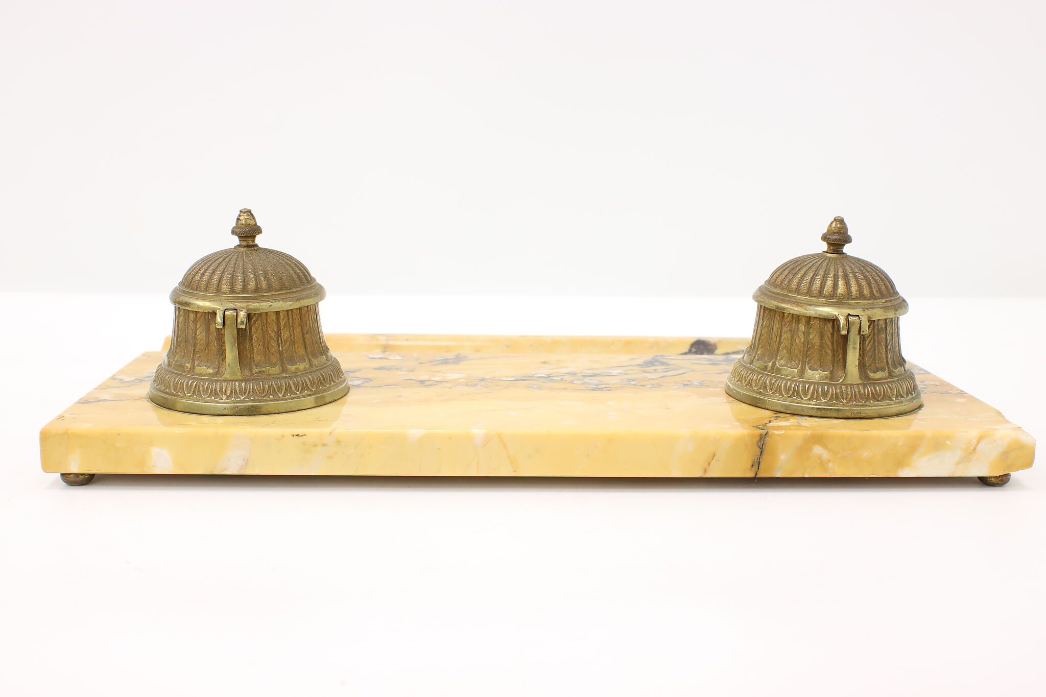Marble & Bronze German Antique Desk Double Inkwell Set