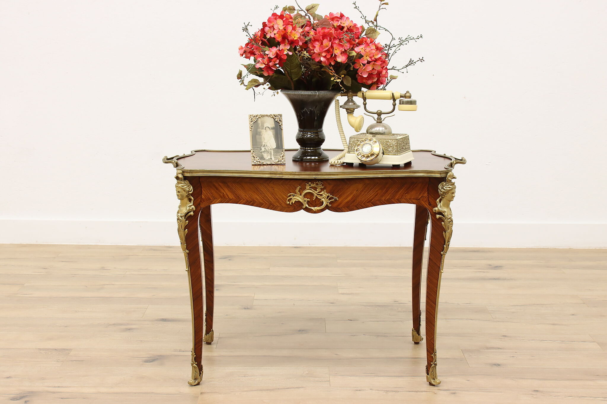 A Pair of Modern French Louis XV Style Bronze and Faux Marquetry Side Tables