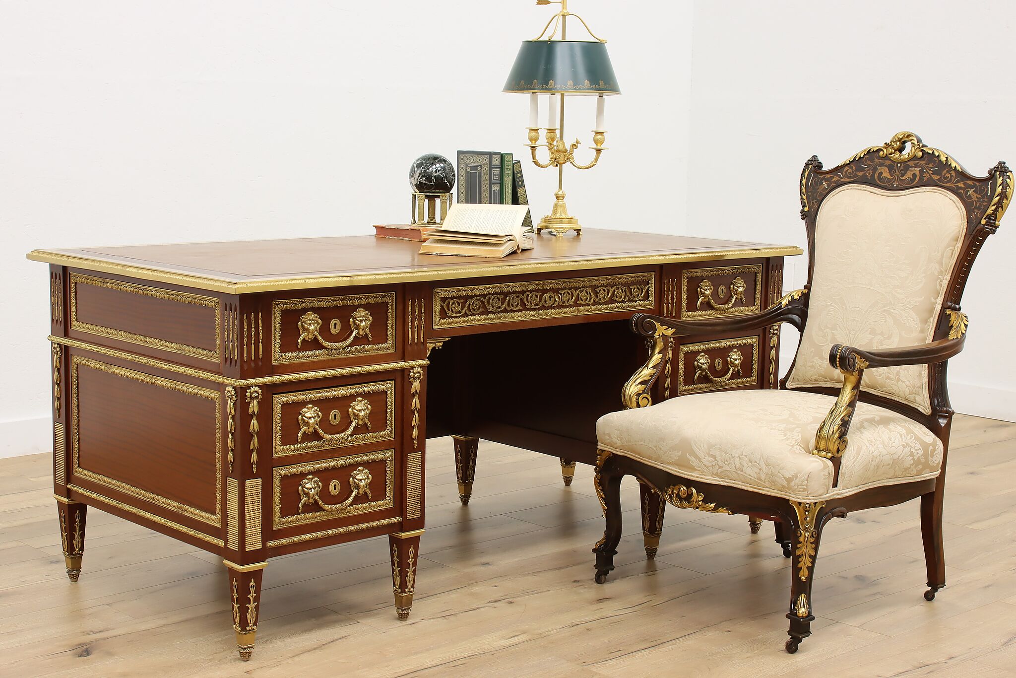 French Vintage Executive Office Library Desk, Bronze Lions
