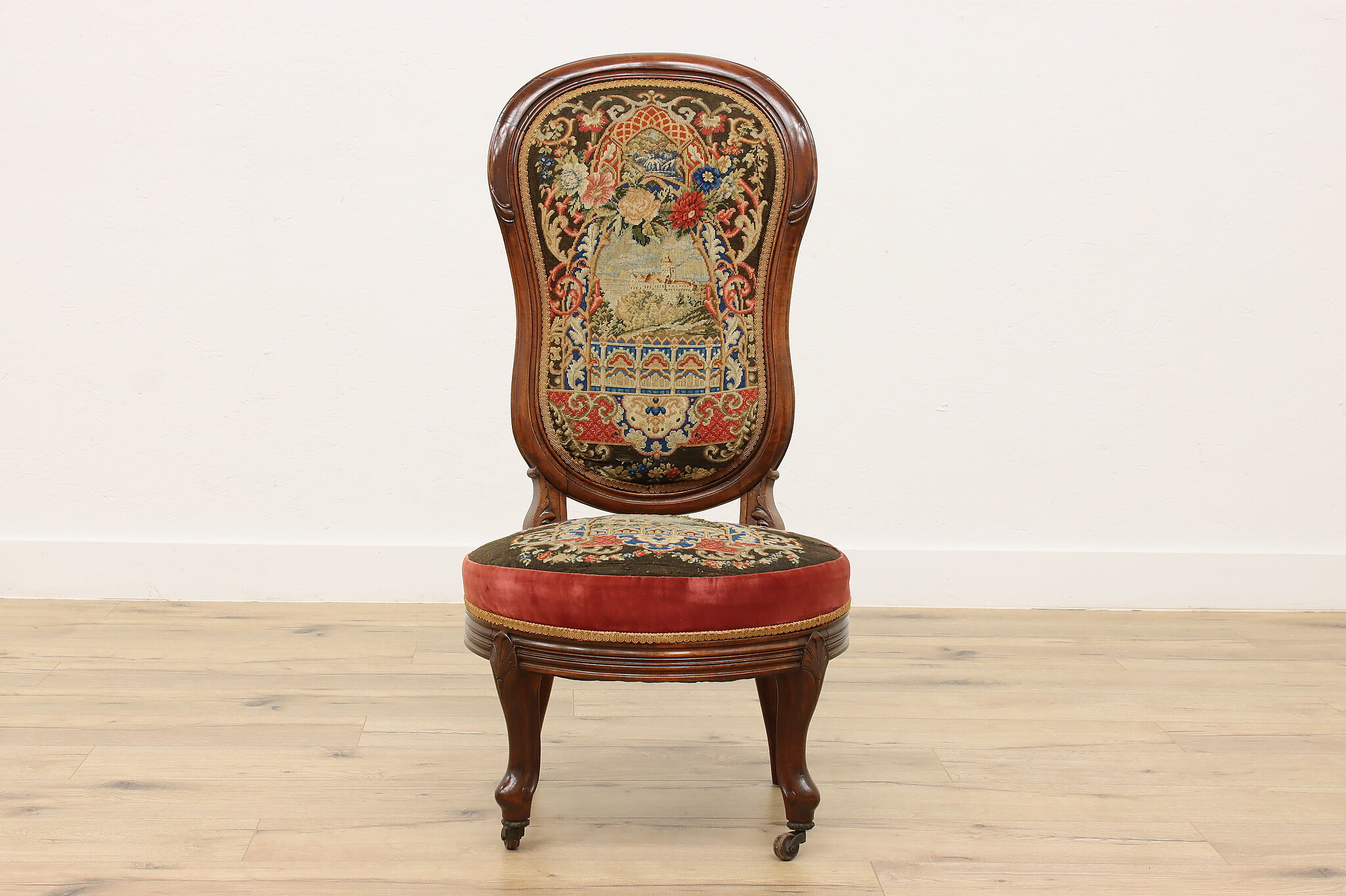 Victorian Antique Chair Petit Point Tapestry Castle Scene
