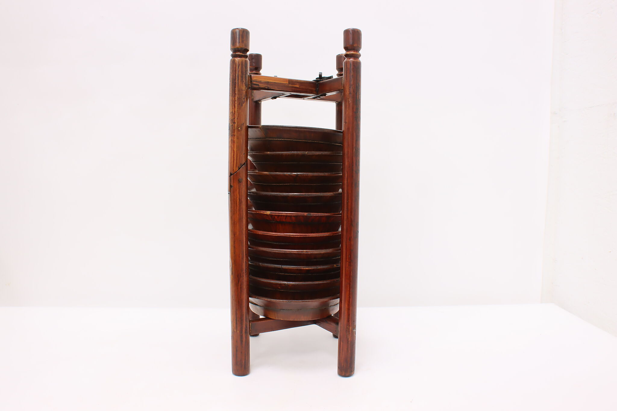 Chinese Vintage Pine 10 Plate Stacking Caddy Rack