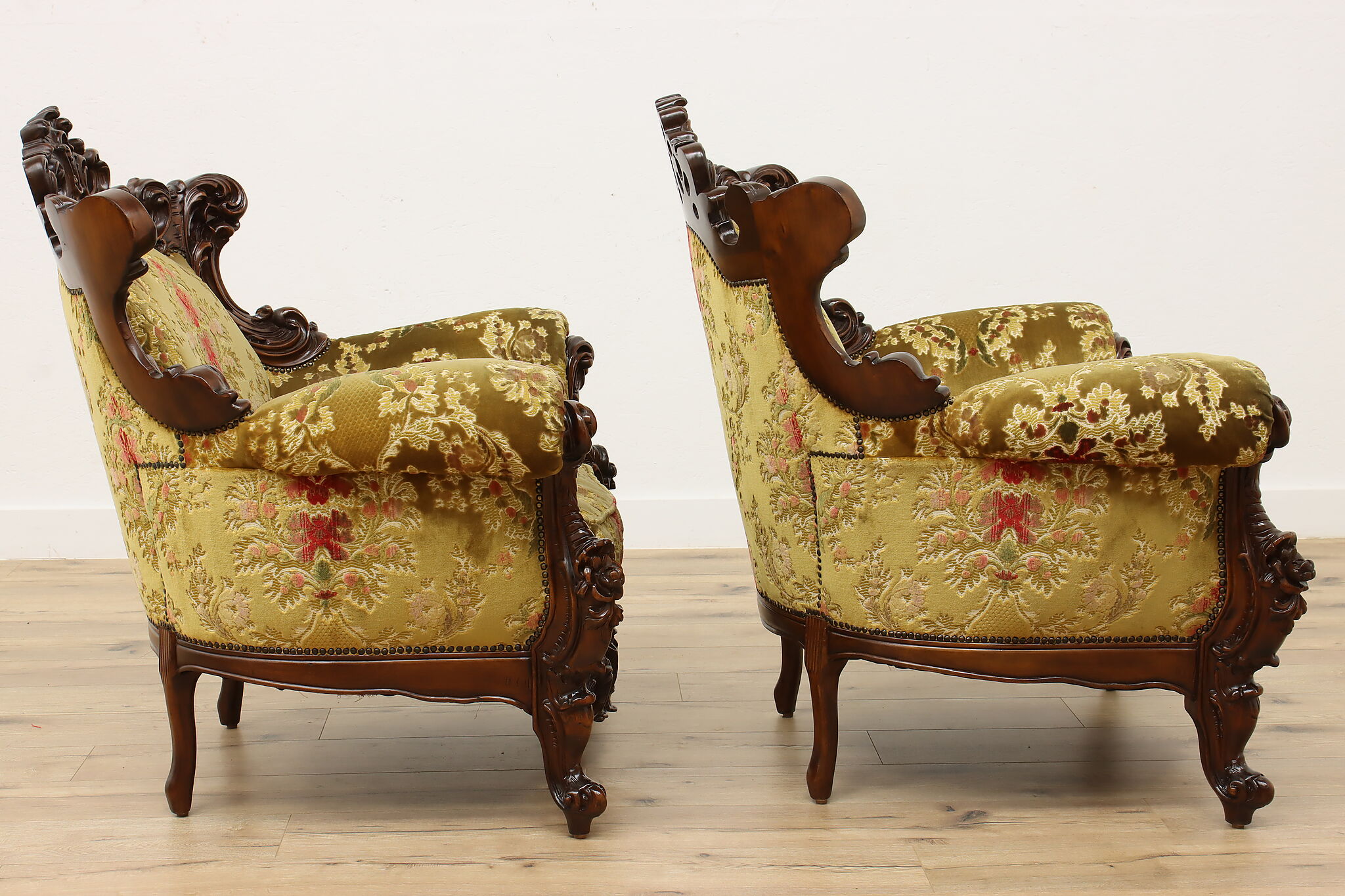 Pair of Italian Rococo Design Vintage Velvet Carved Chairs