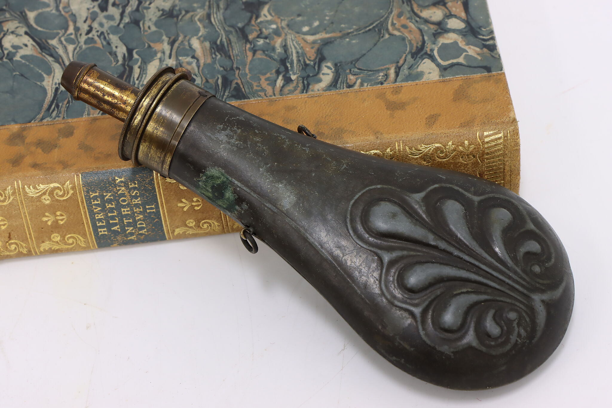 Powder Shot Flask Farmhouse Embossed Antique 1860s Antique Powder Shot Flask