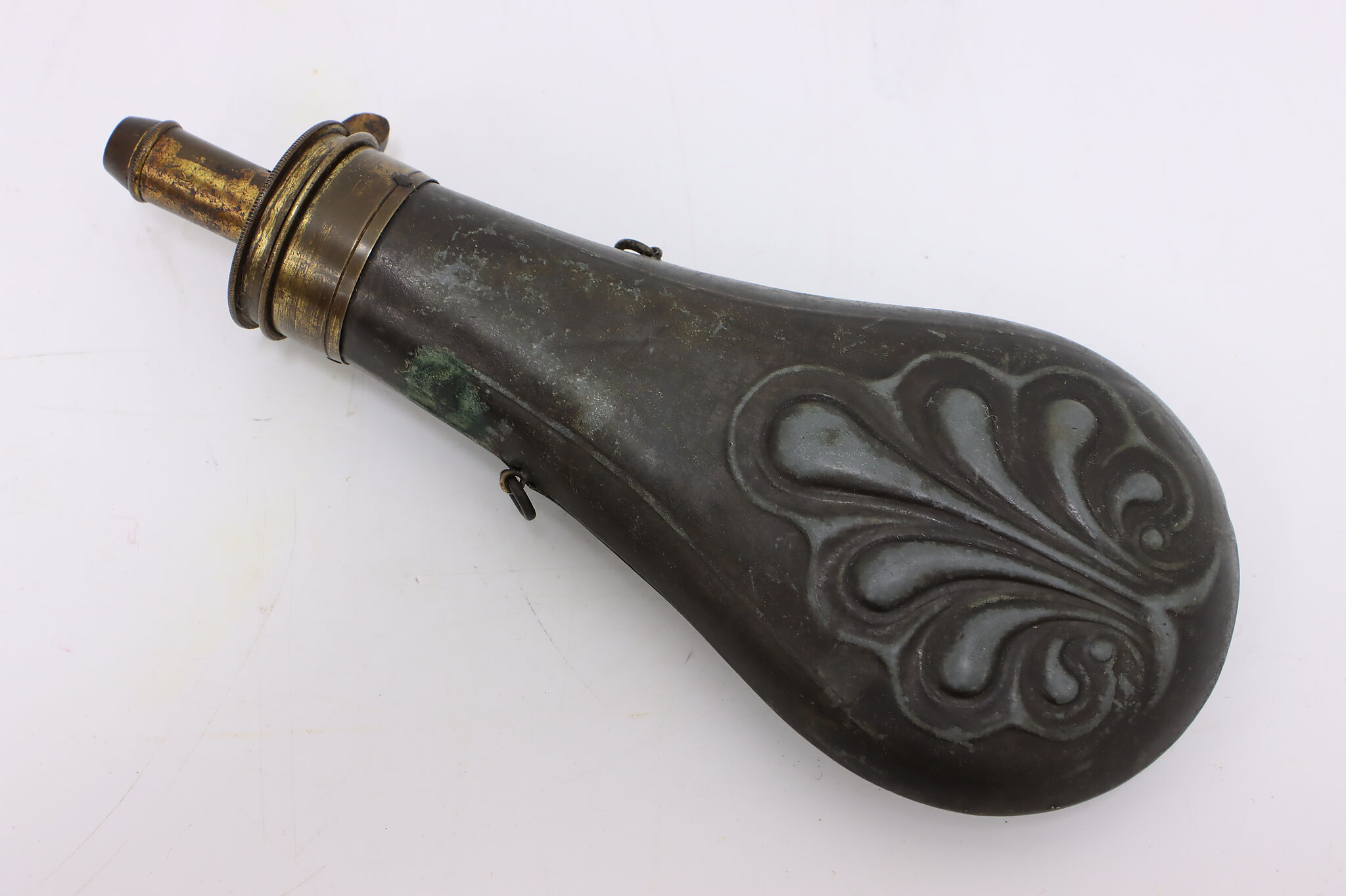 Powder Shot Flask Farmhouse Embossed Antique 1860s Antique Powder Shot Flask
