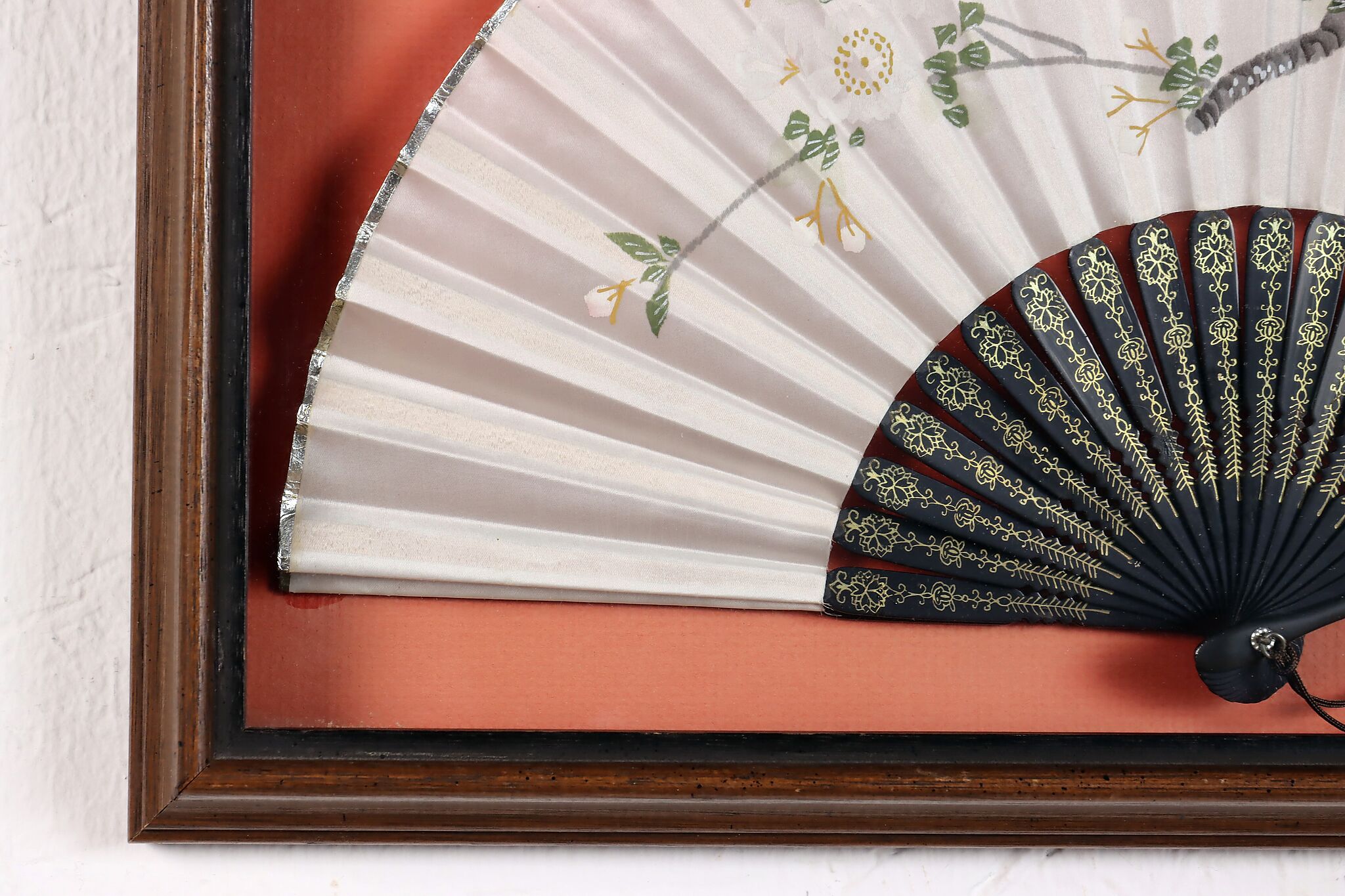 Fan Shadow Box Japanese Vintage Painted Silk & Pearl Fan Shadow Box Frame