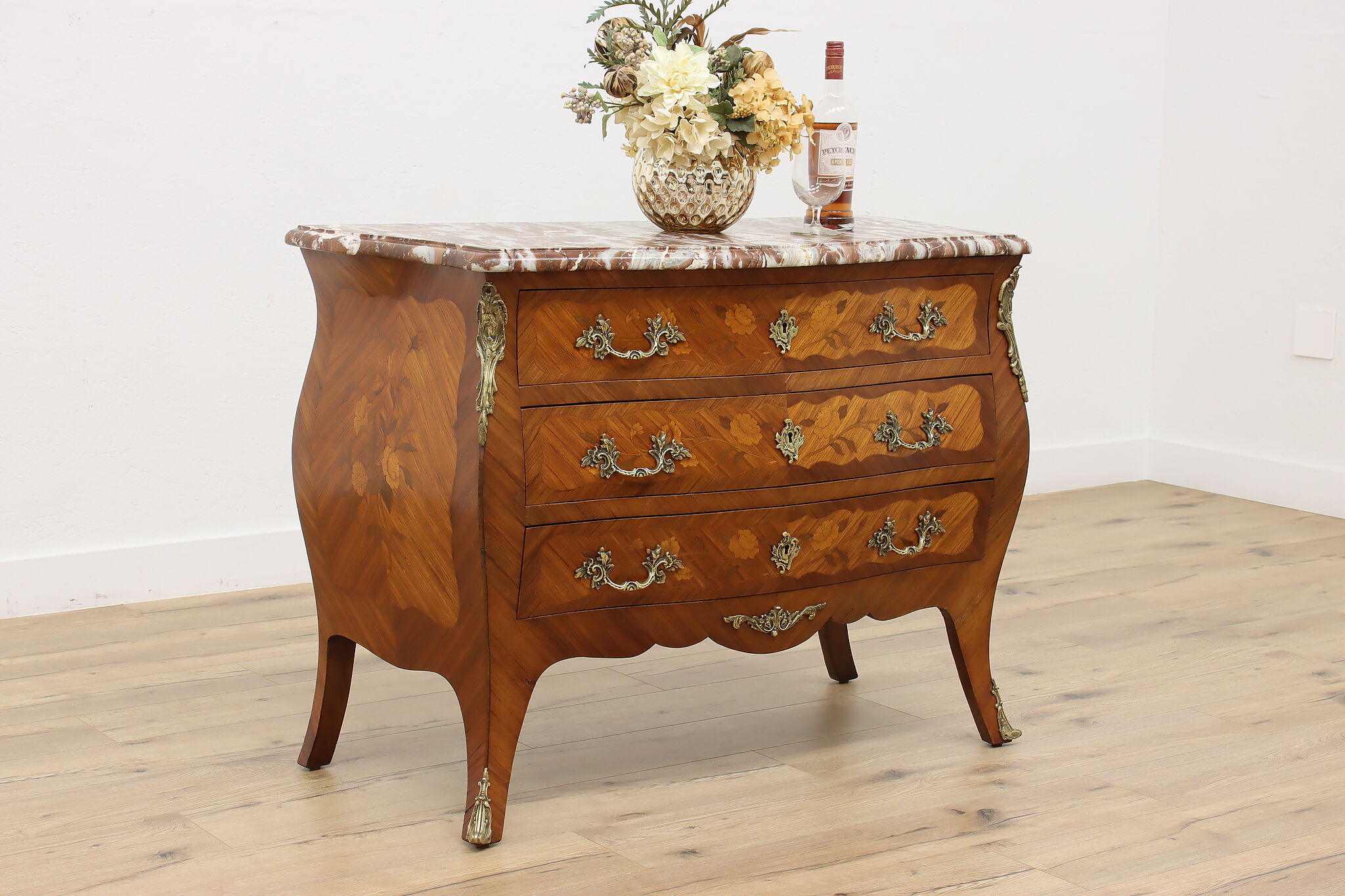 French Rosewood Antique Bombe Chest or Dresser, Marble Top