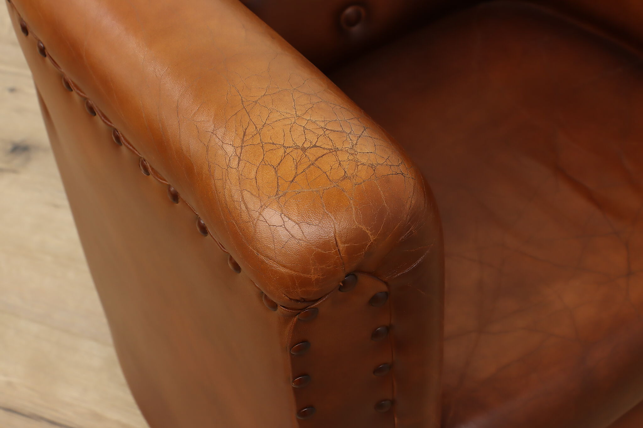 Child Size Vintage Brown Leather Armchair Brass Nailhead