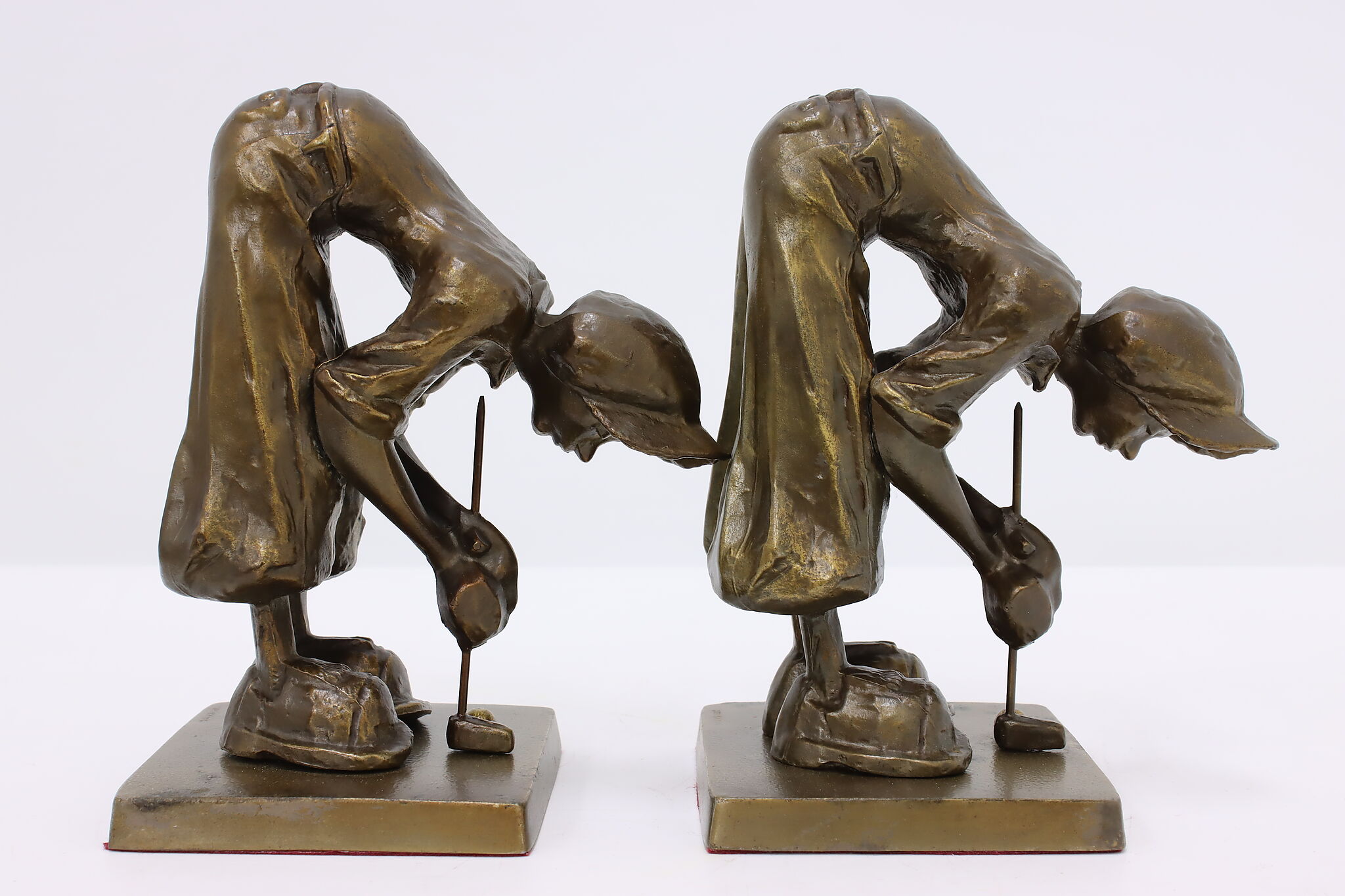 Pair of Antique Bronze Finish Golf Statue Bookends, Frankart