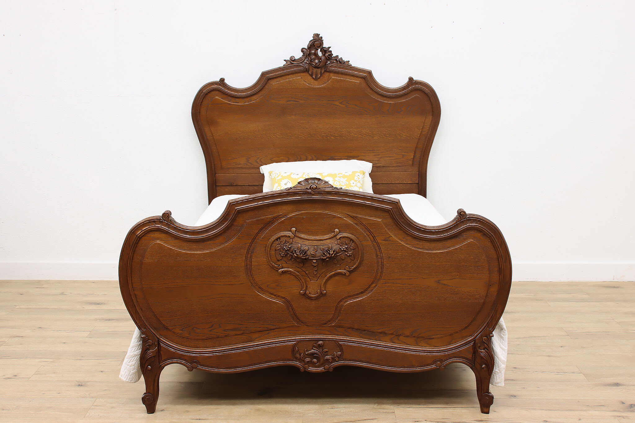 French Louis XV Antique Hand Carved Oak Full or Double Size Bed