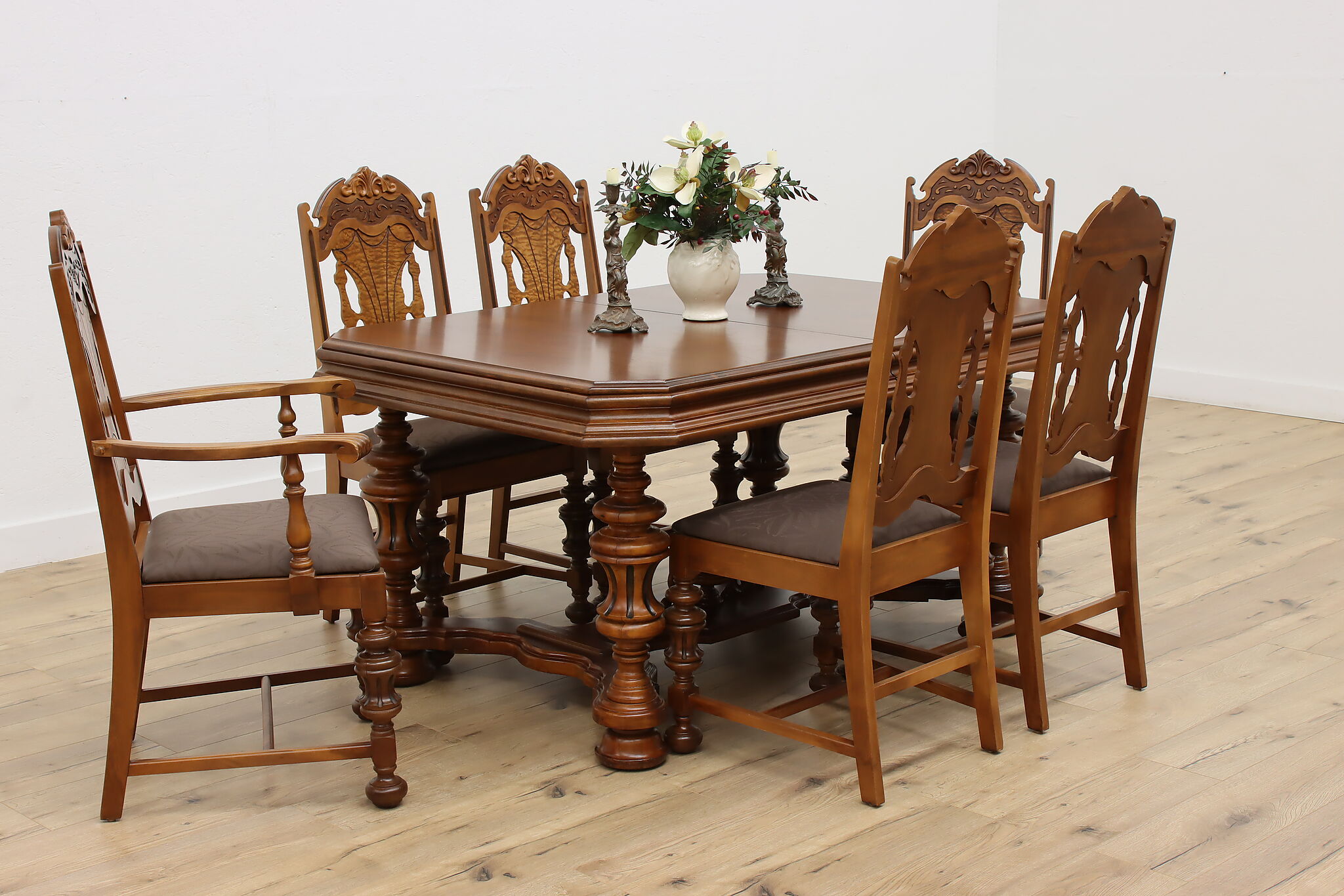 English Tudor Antique Dining Set, Table & Leaf, 6 Chairs
