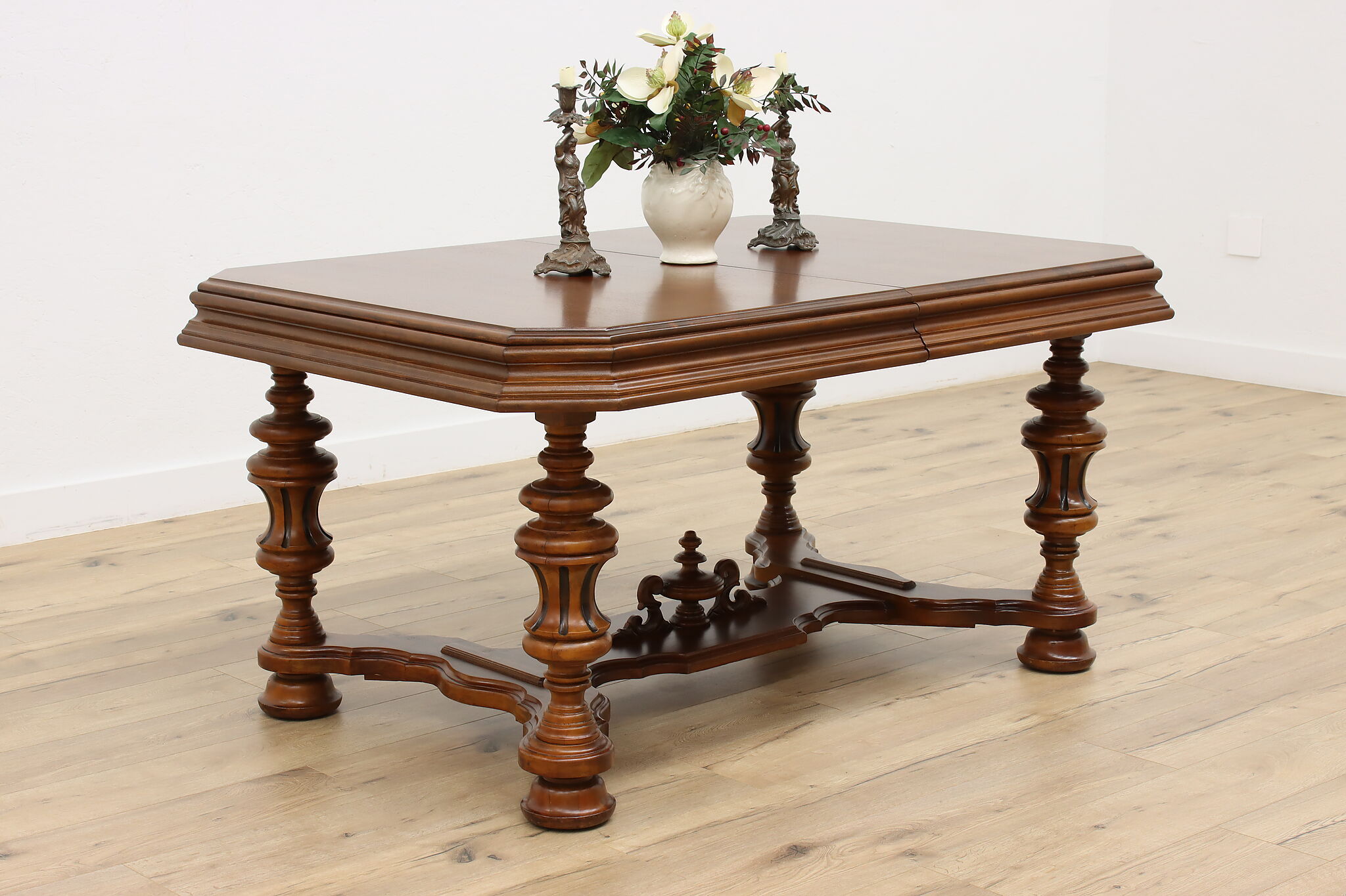 English Tudor Antique Dining Set, Table & Leaf, 6 Chairs