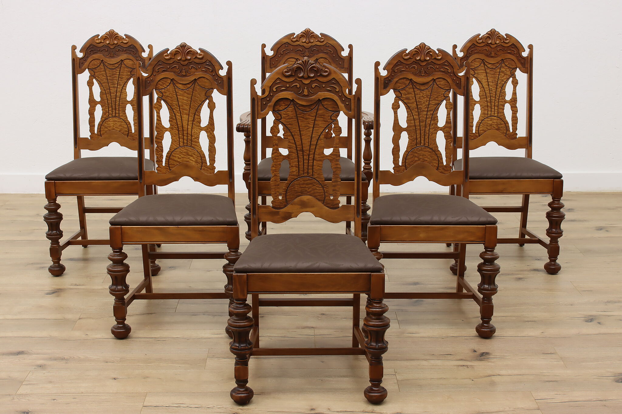 English Tudor Antique Dining Set, Table & Leaf, 6 Chairs