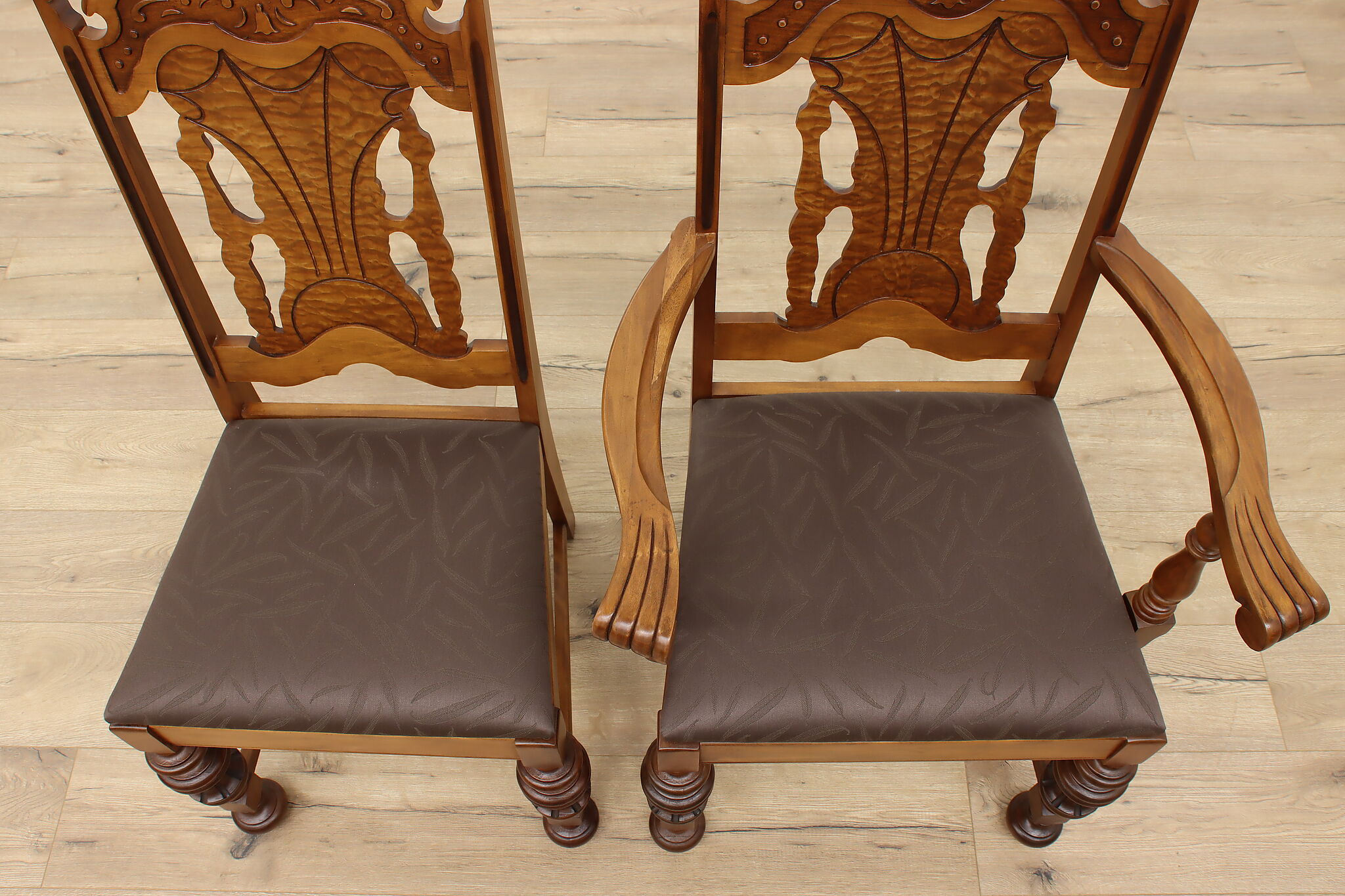 English Tudor Antique Dining Set, Table & Leaf, 6 Chairs