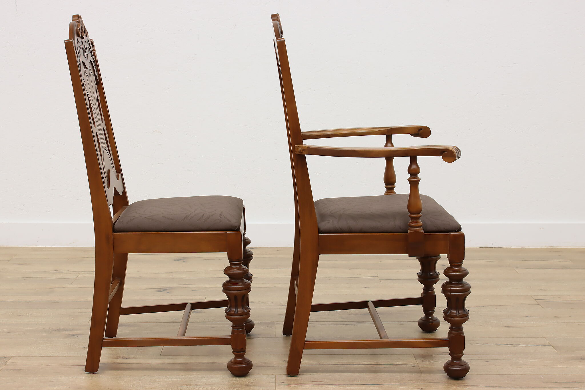 English Tudor Antique Dining Set, Table & Leaf, 6 Chairs