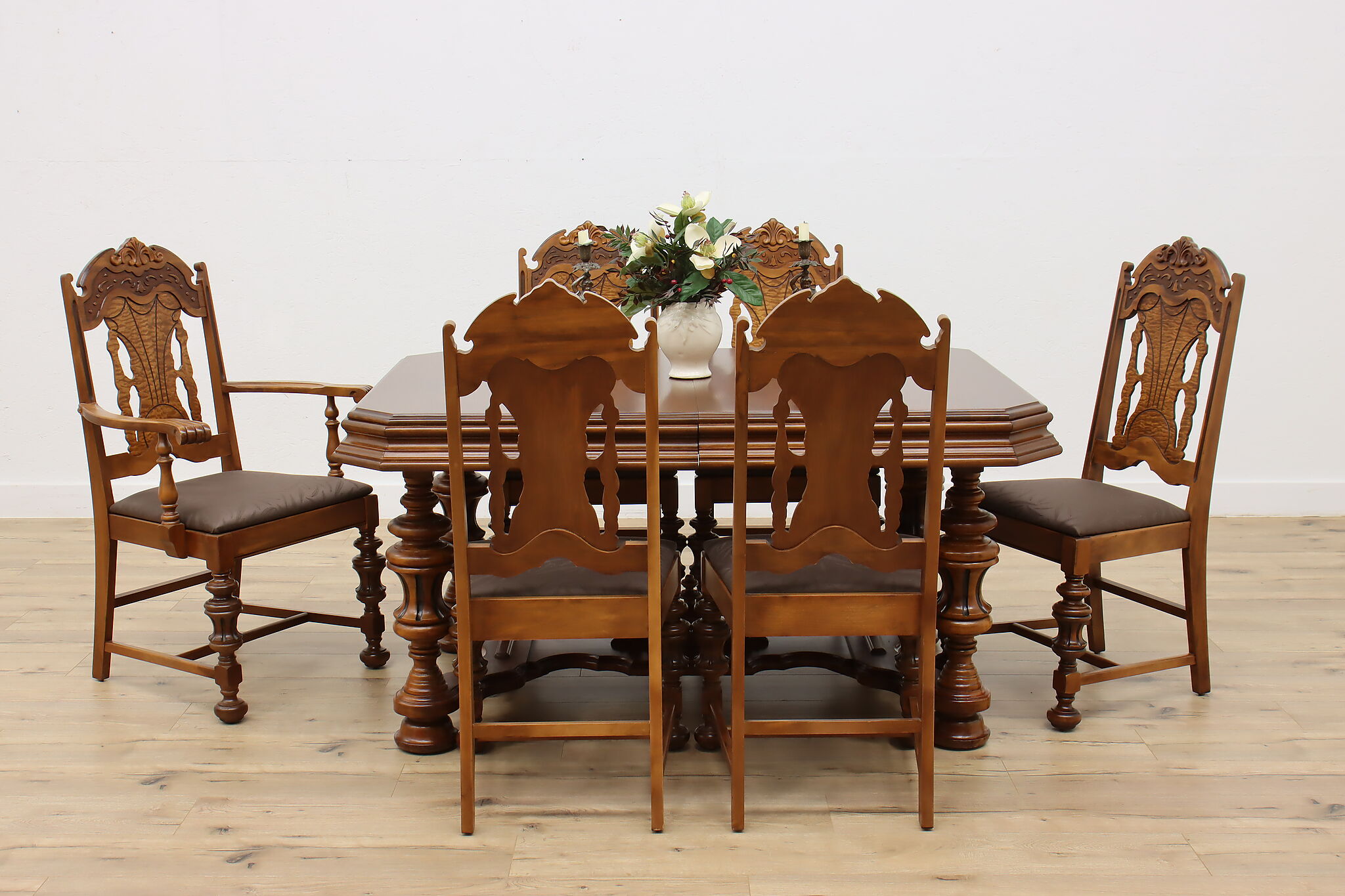 English Tudor Antique Dining Set, Table & Leaf, 6 Chairs