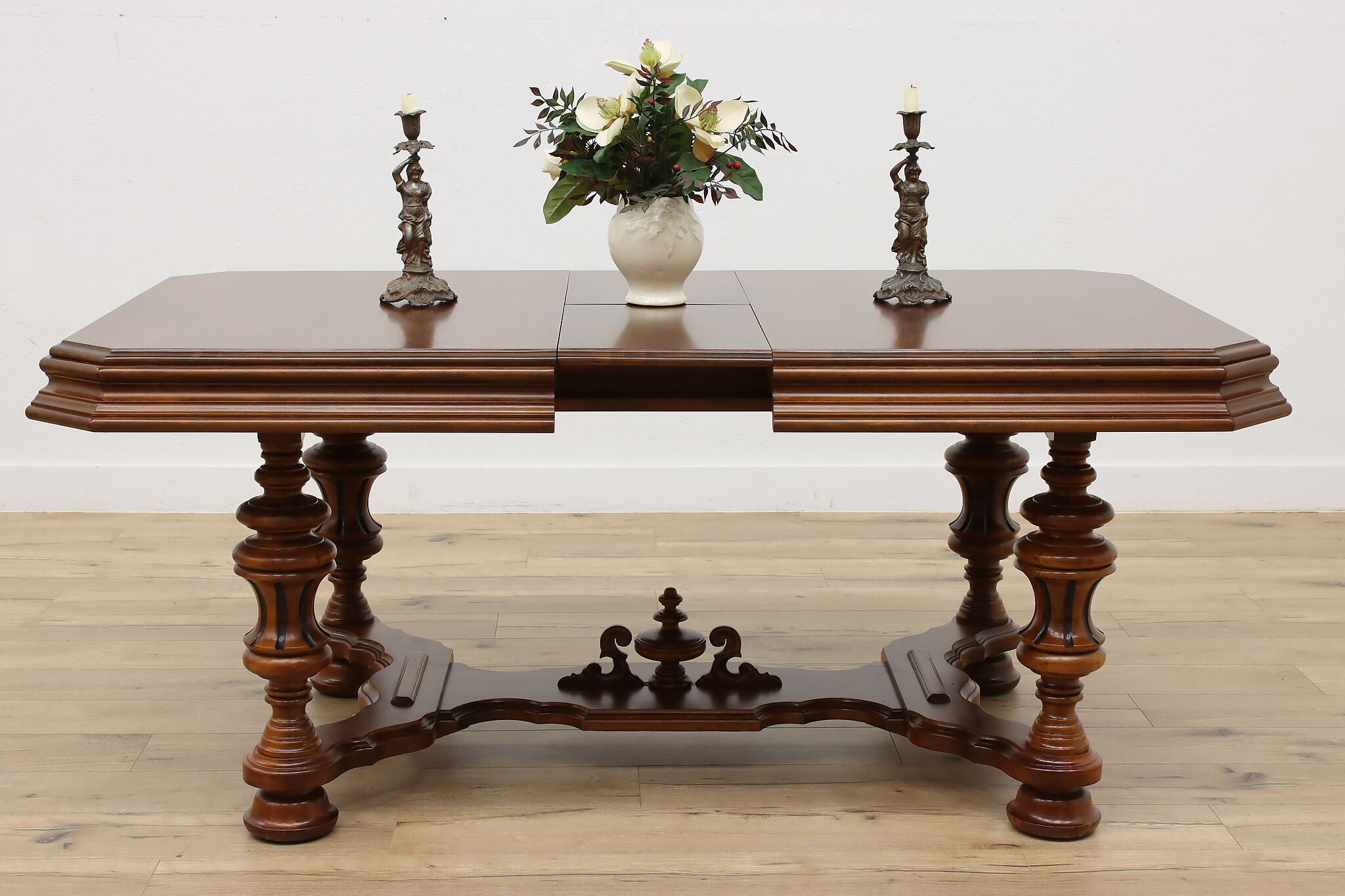 English Tudor Antique Dining Set, Table & Leaf, 6 Chairs