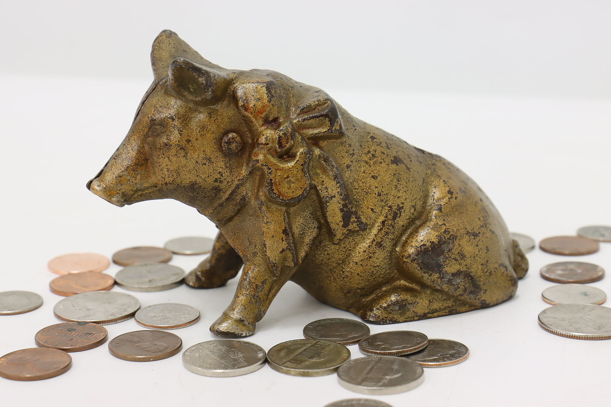 Farmhouse Antique Iron Piggy Coin Bank Pig Sculpture w/ Bow
