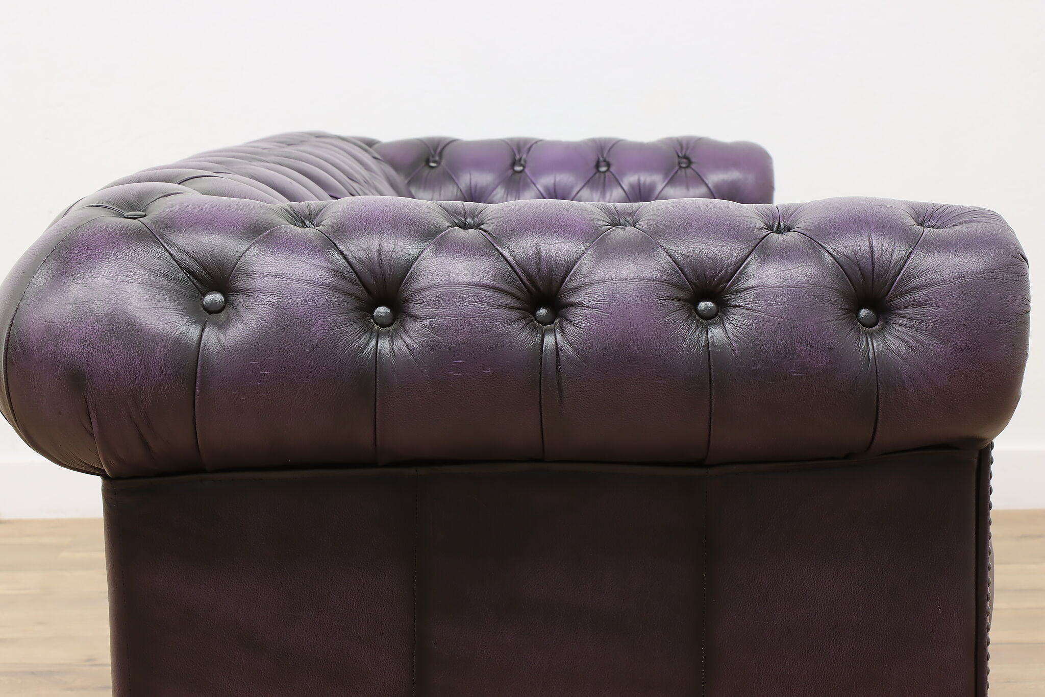 Chesterfield Tufted Purple Leather Vintage 3 Cushion Sofa