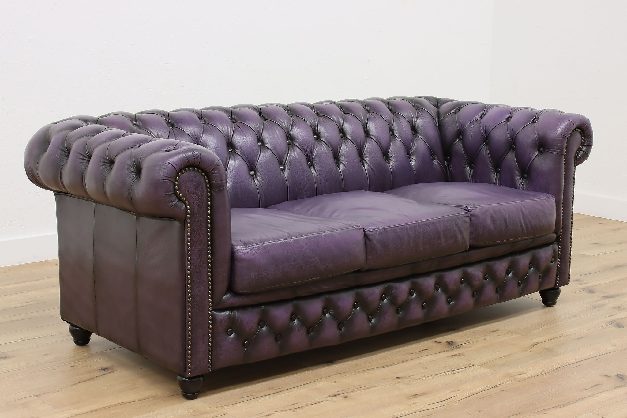 Chesterfield Tufted Purple Leather Vintage 3 Cushion Sofa